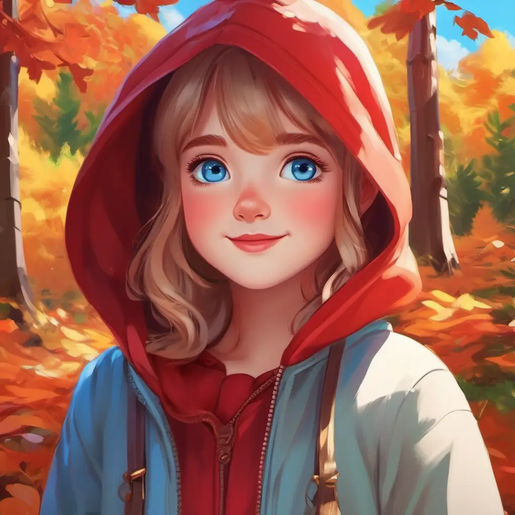 Introduction - forest, A cute girl with a red hood, rosy cheeks, and bright blue eyes, sunny day