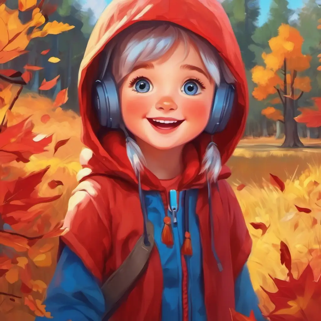 A cute girl with a red hood, rosy cheeks, and bright blue eyes skipping and singing, happy and sunny day