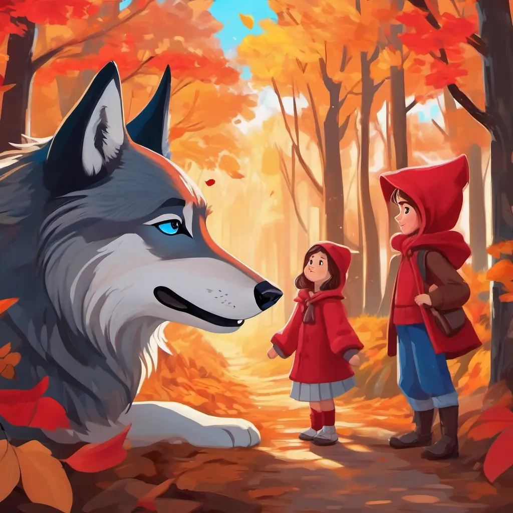 A cute girl with a red hood, rosy cheeks, and bright blue eyes meets the wolf, friendly and playful encounter
