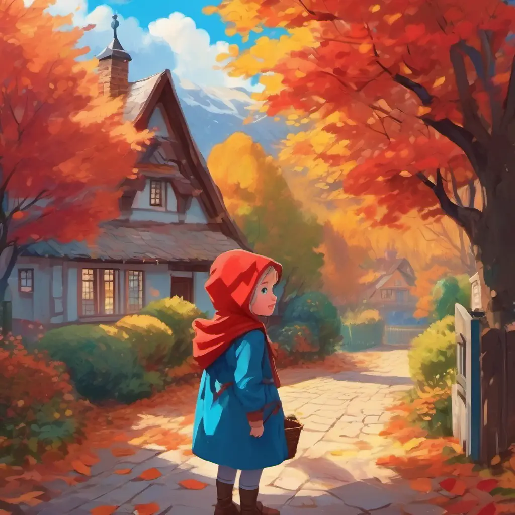 A cute girl with a red hood, rosy cheeks, and bright blue eyes's smart and brave choices, reaching grandma's house