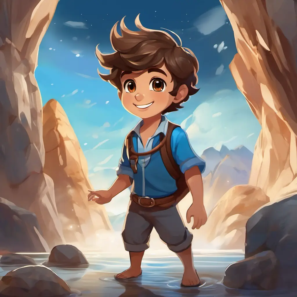 Curious boy with brown hair and bright brown eyes, always wearing a mischievous smile standing in front of Sturdy solid made of rocks, gray in color, and emanating strength, a sturdy and strong solid made of rocks, Graceful liquid made of water, blue in color, flowing with elegance, a graceful and flowing liquid made of water, and Playful gas floating in the air, transparent, and always in motion, a playful and elusive gas floating in the air.