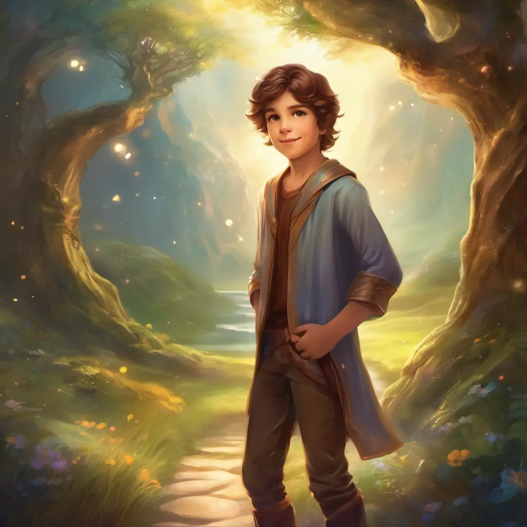 Curious boy with brown hair and bright brown eyes, always wearing a mischievous smile using his bending powers, surrounded by a serene and harmonious environment.