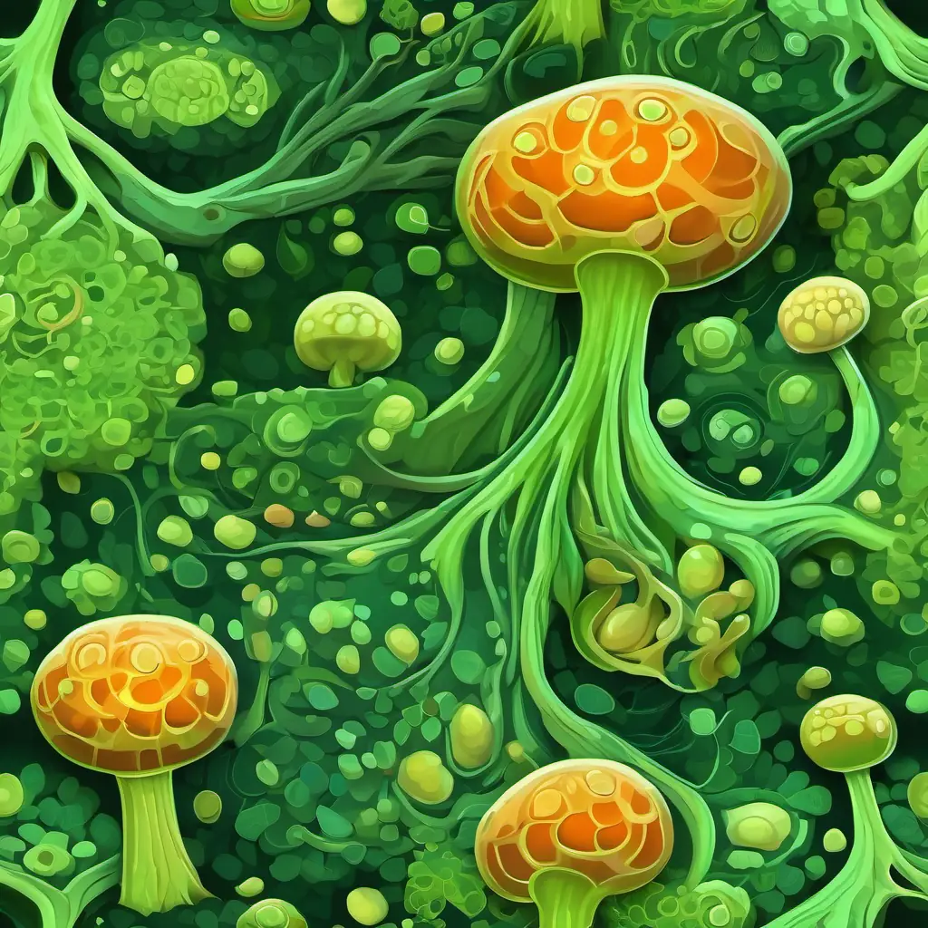 Green rectangular body, large nucleus, cellulose cell wall, central vacuole travels through the roots meeting different types of plant cells and helpful fungi.