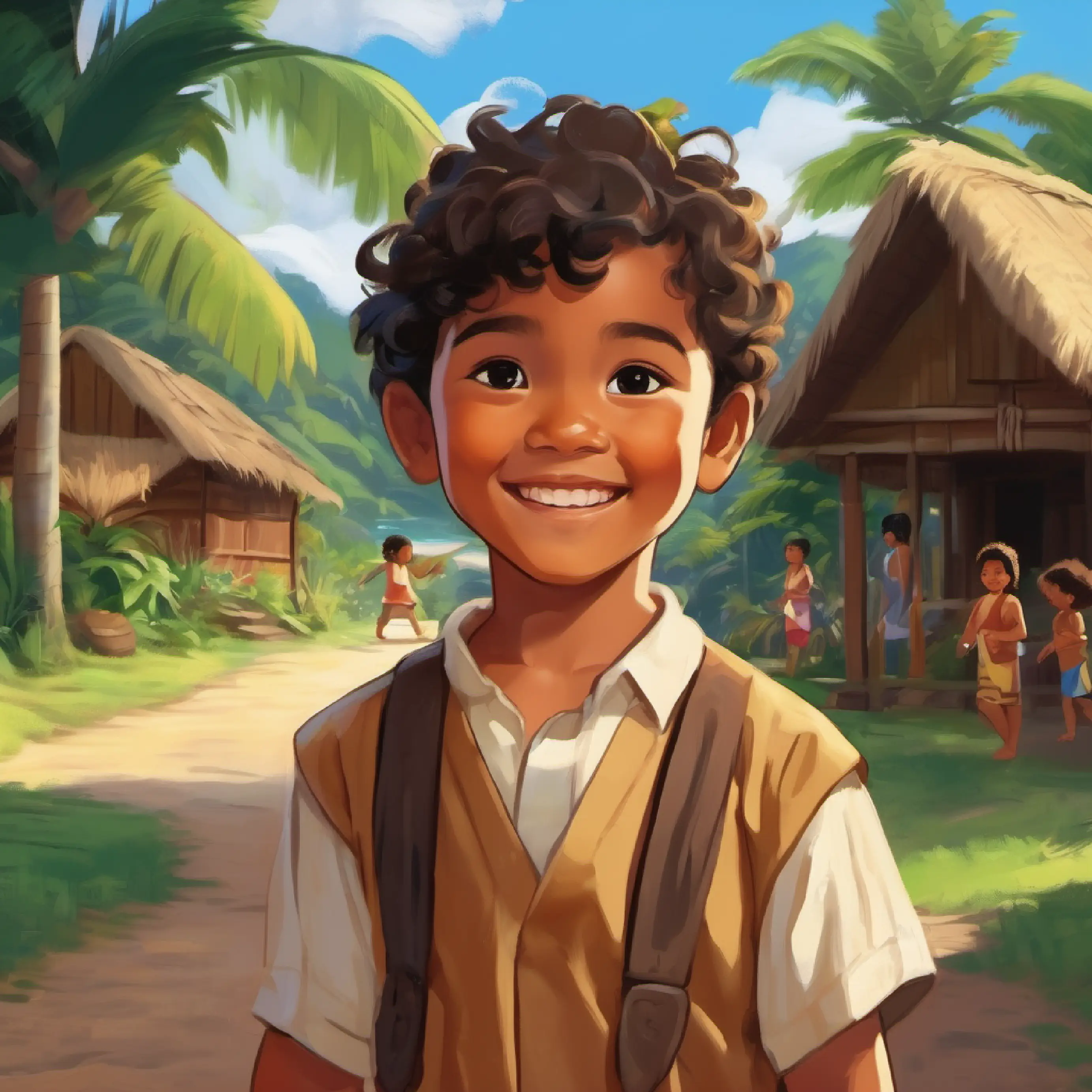 Introduction of Young Samoan child, tan skin, dark brown eyes, smiling face, a young child, in a Young Samoan child, tan skin, dark brown eyes, smiling faceoan village.