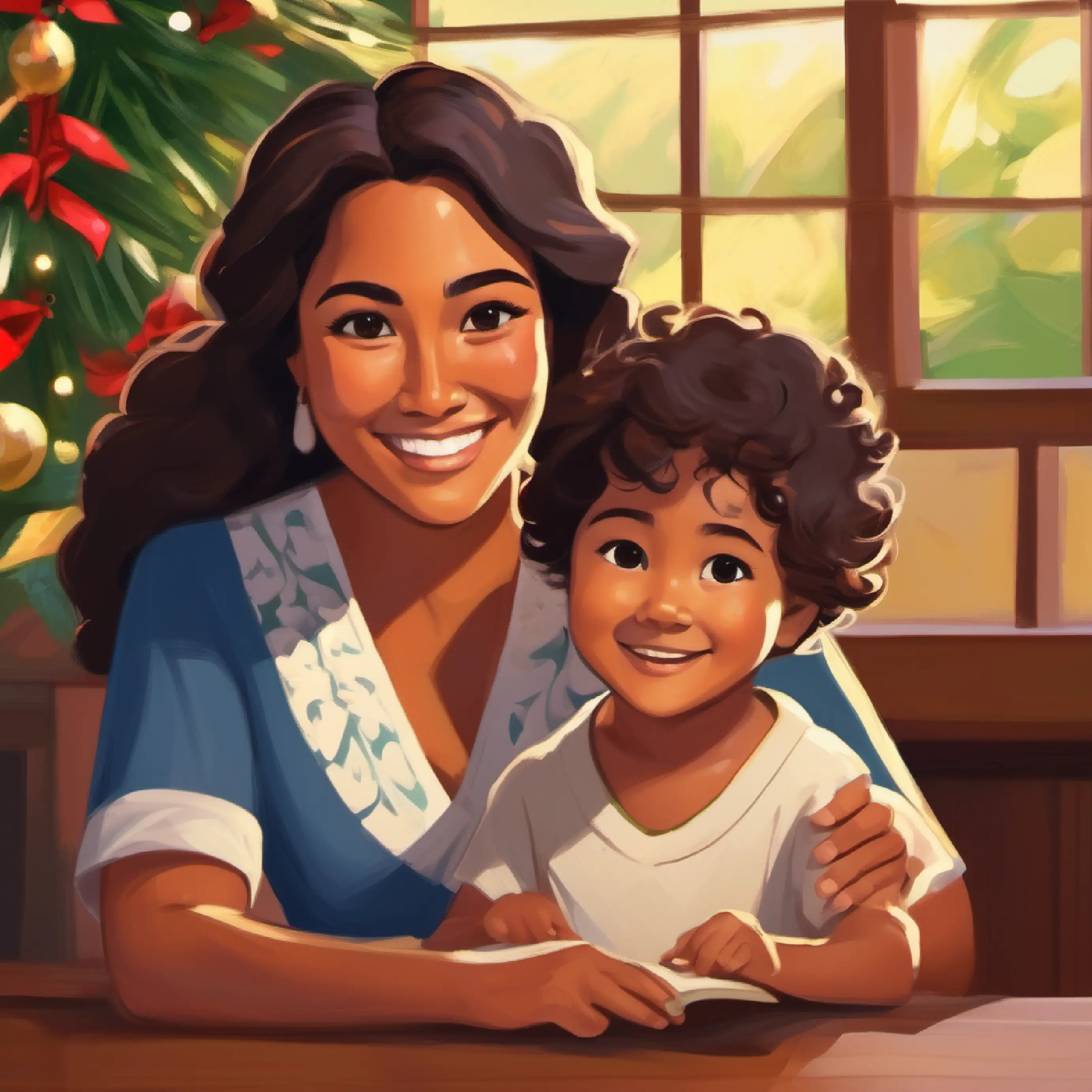 Young Samoan child, tan skin, dark brown eyes, smiling face's mother teaching Young Samoan child, tan skin, dark brown eyes, smiling face about the concept of helping.