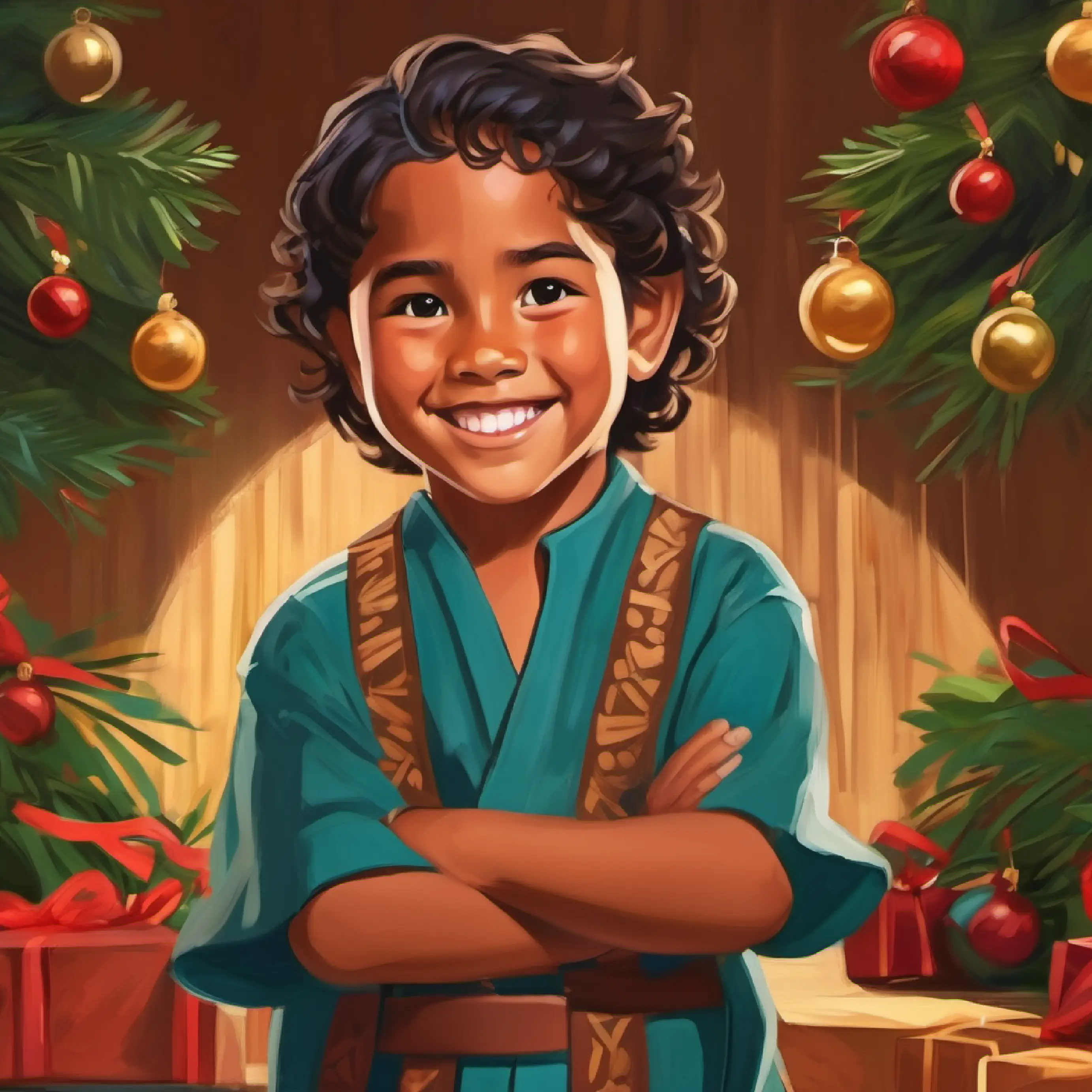Young Samoan child, tan skin, dark brown eyes, smiling face learning about the value of service, or 'le pi tautua'.