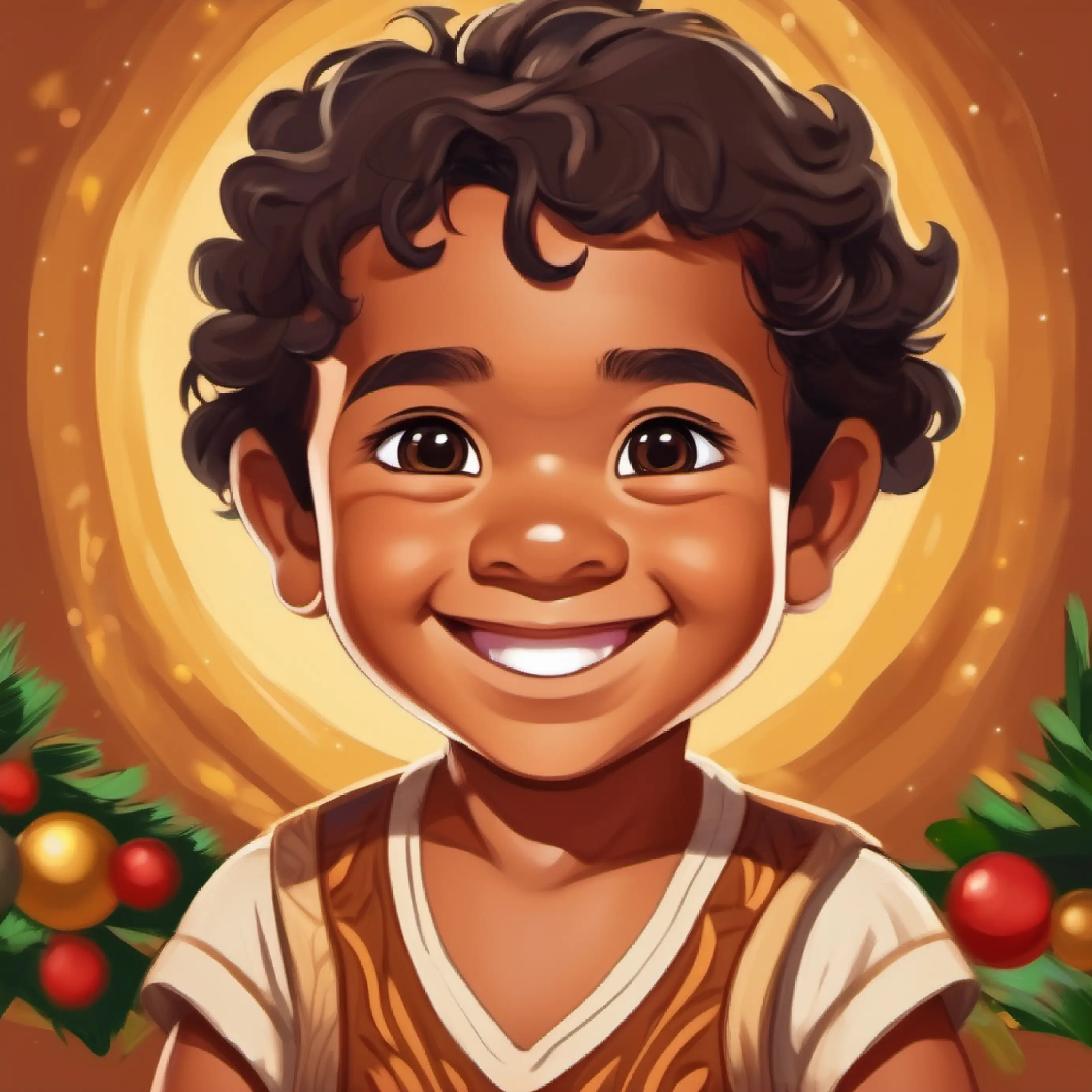 Young Samoan child, tan skin, dark brown eyes, smiling face spotting Samoan villager, small boy, friendly, tan skin, dark eyes, another villager, drop his toy.