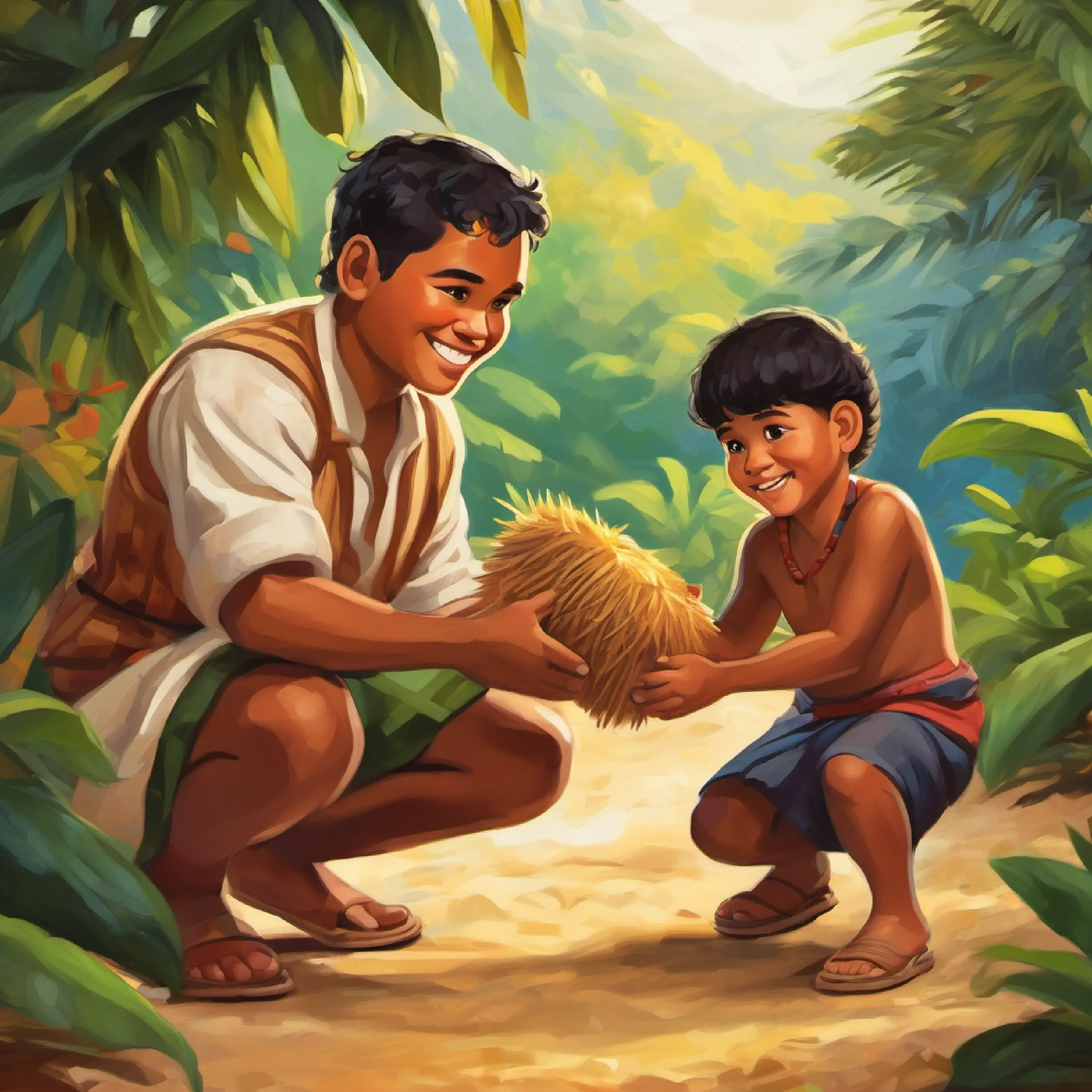 Young Samoan child, tan skin, dark brown eyes, smiling face helping Samoan villager, small boy, friendly, tan skin, dark eyes by returning the dropped toy.
