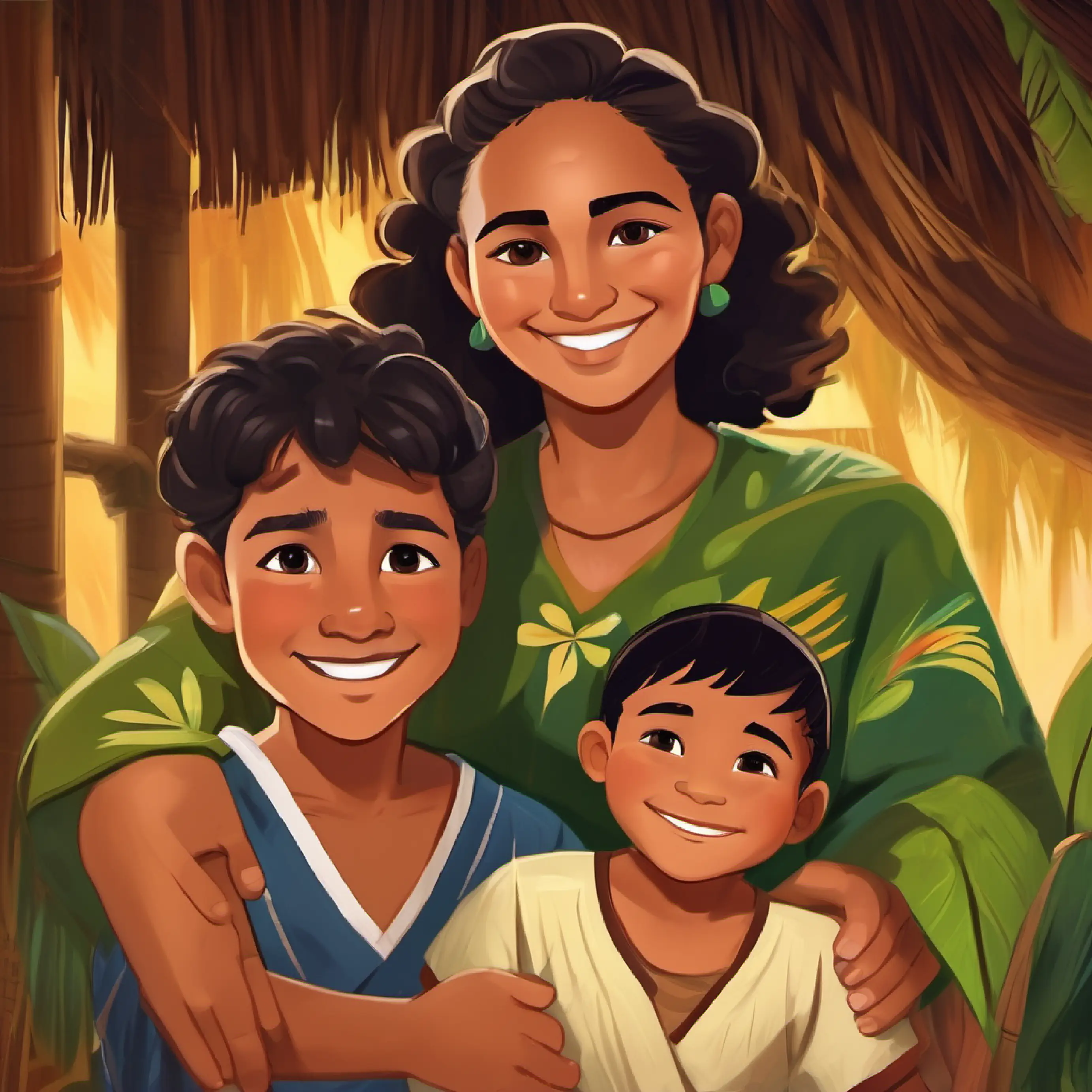 Samoan villager, small boy, friendly, tan skin, dark eyes expressing gratitude to Young Samoan child, tan skin, dark brown eyes, smiling face for the help.