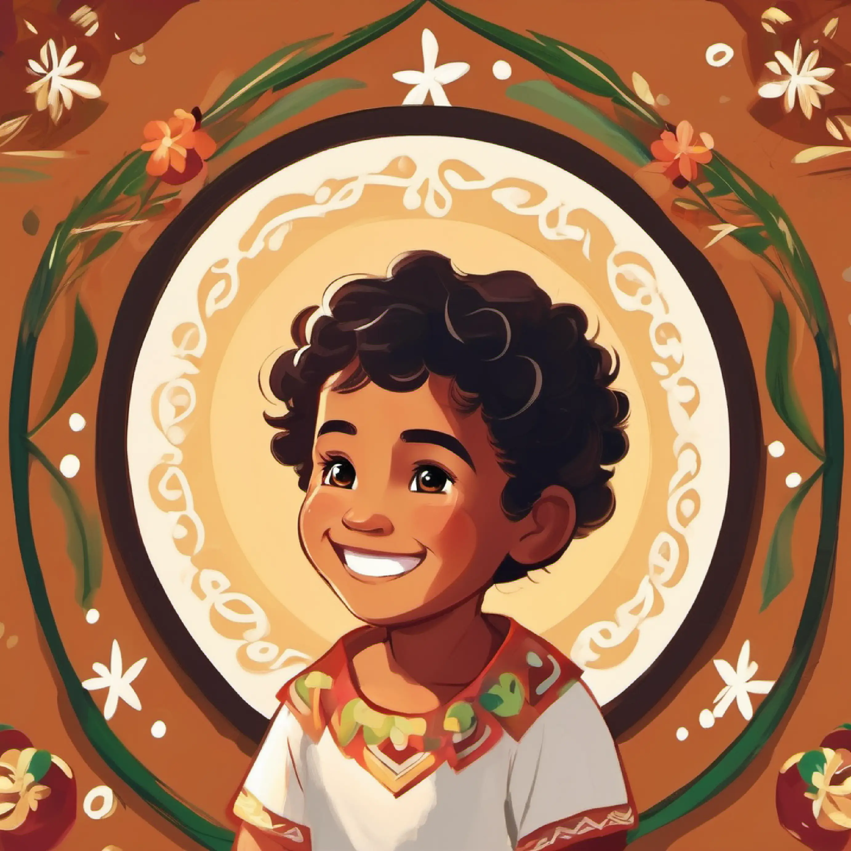 Young Samoan child, tan skin, dark brown eyes, smiling face experiencing happiness from helping someone.