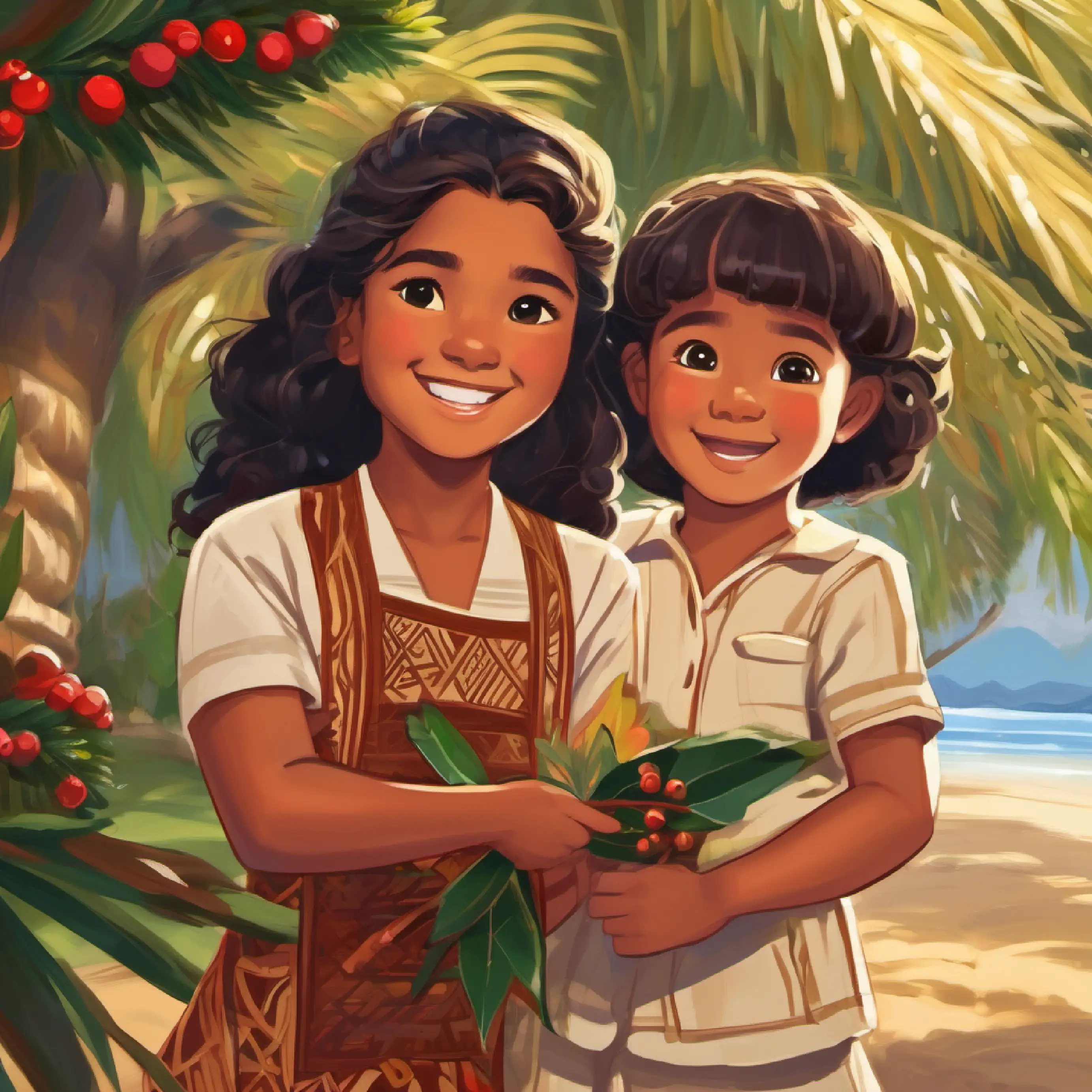 Next, Young Samoan child, tan skin, dark brown eyes, smiling face helping Young Samoan child, tan skin, dark brown eyes, smiling faceoan friend, girl with a big smile, tan skin, brown eyes, a friend, with a woven mat.