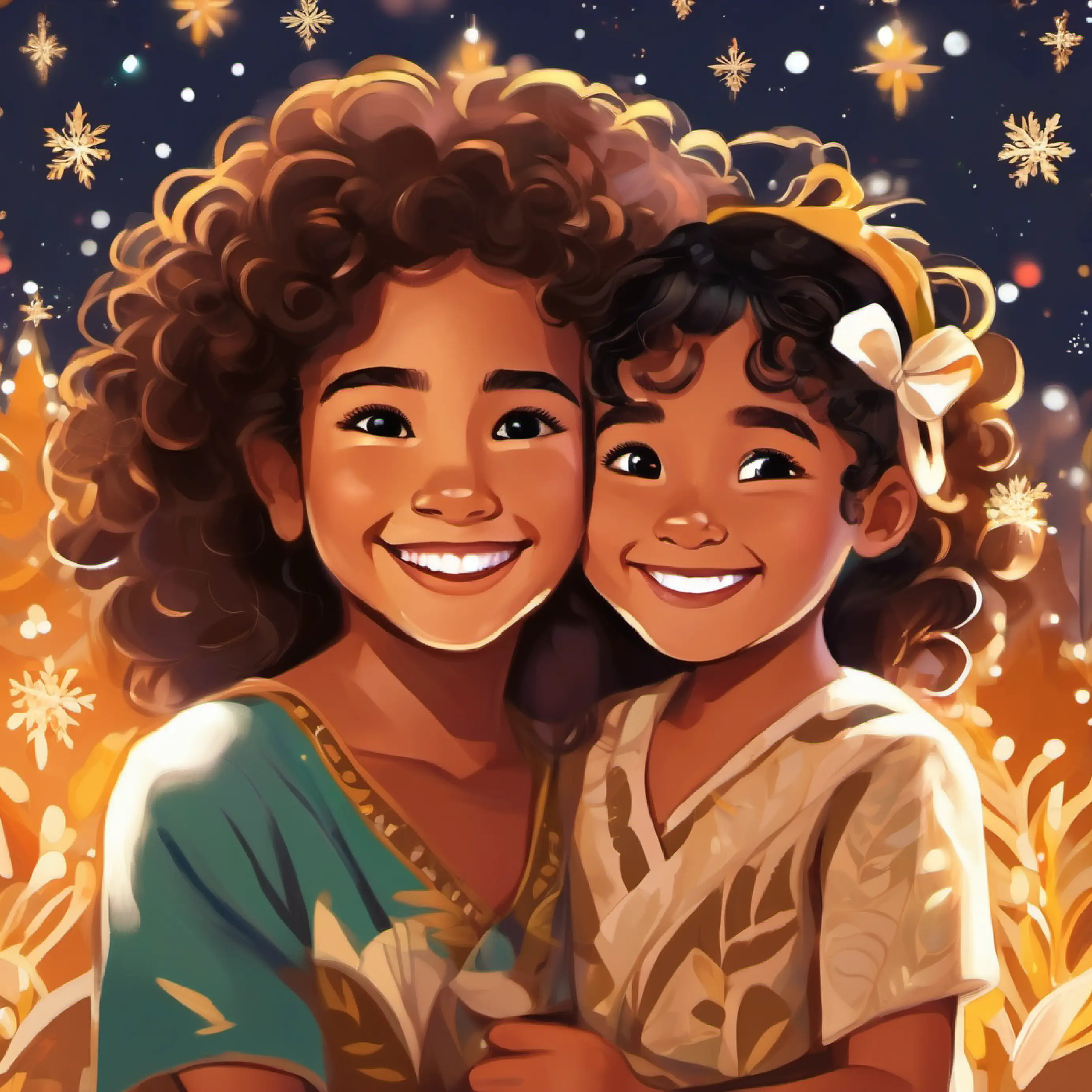 Young Samoan child, tan skin, dark brown eyes, smiling faceoan friend, girl with a big smile, tan skin, brown eyes appreciating Young Samoan child, tan skin, dark brown eyes, smiling face's assistance with a grateful smile.