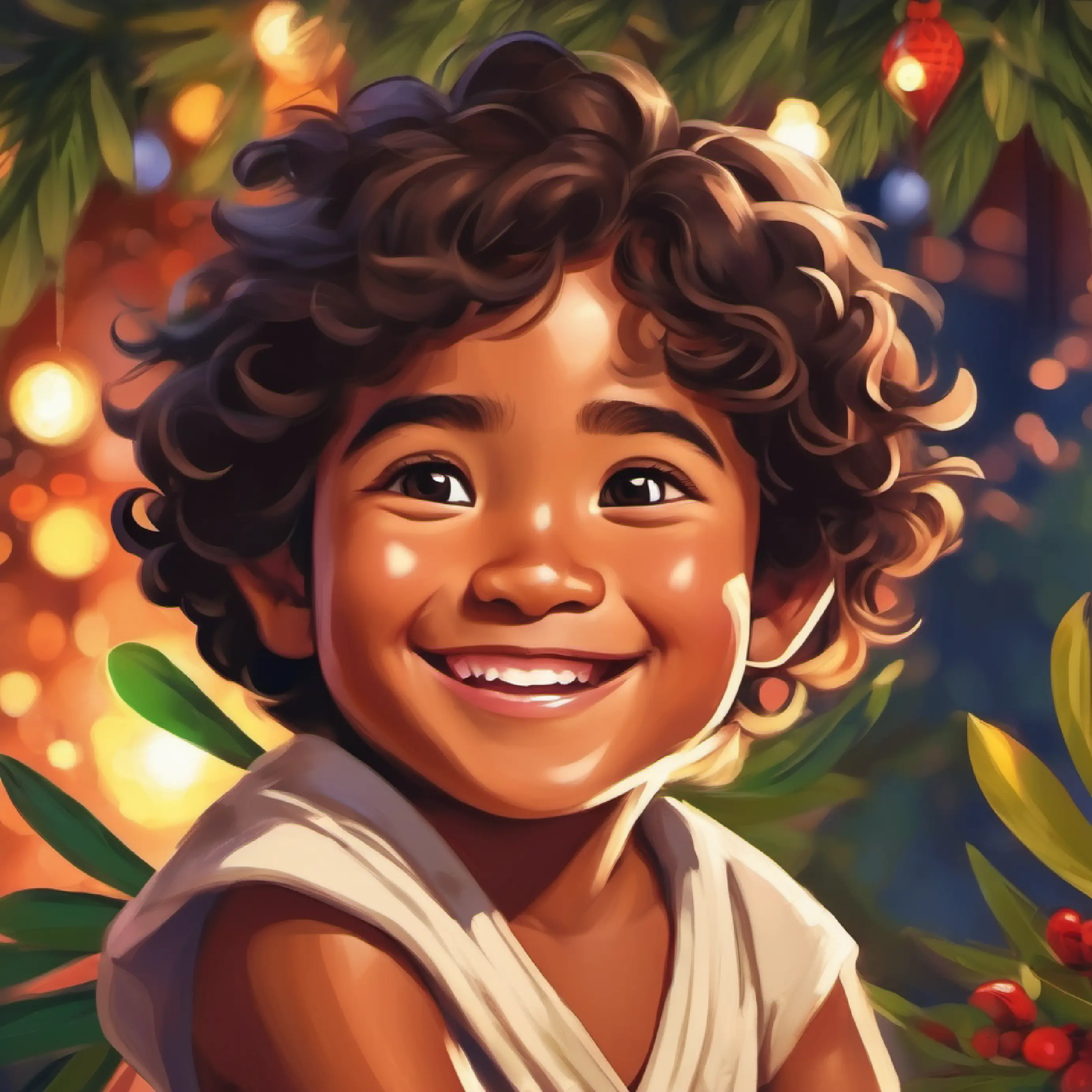 Young Samoan child, tan skin, dark brown eyes, smiling face realizing that helping others is an enjoyable action.
