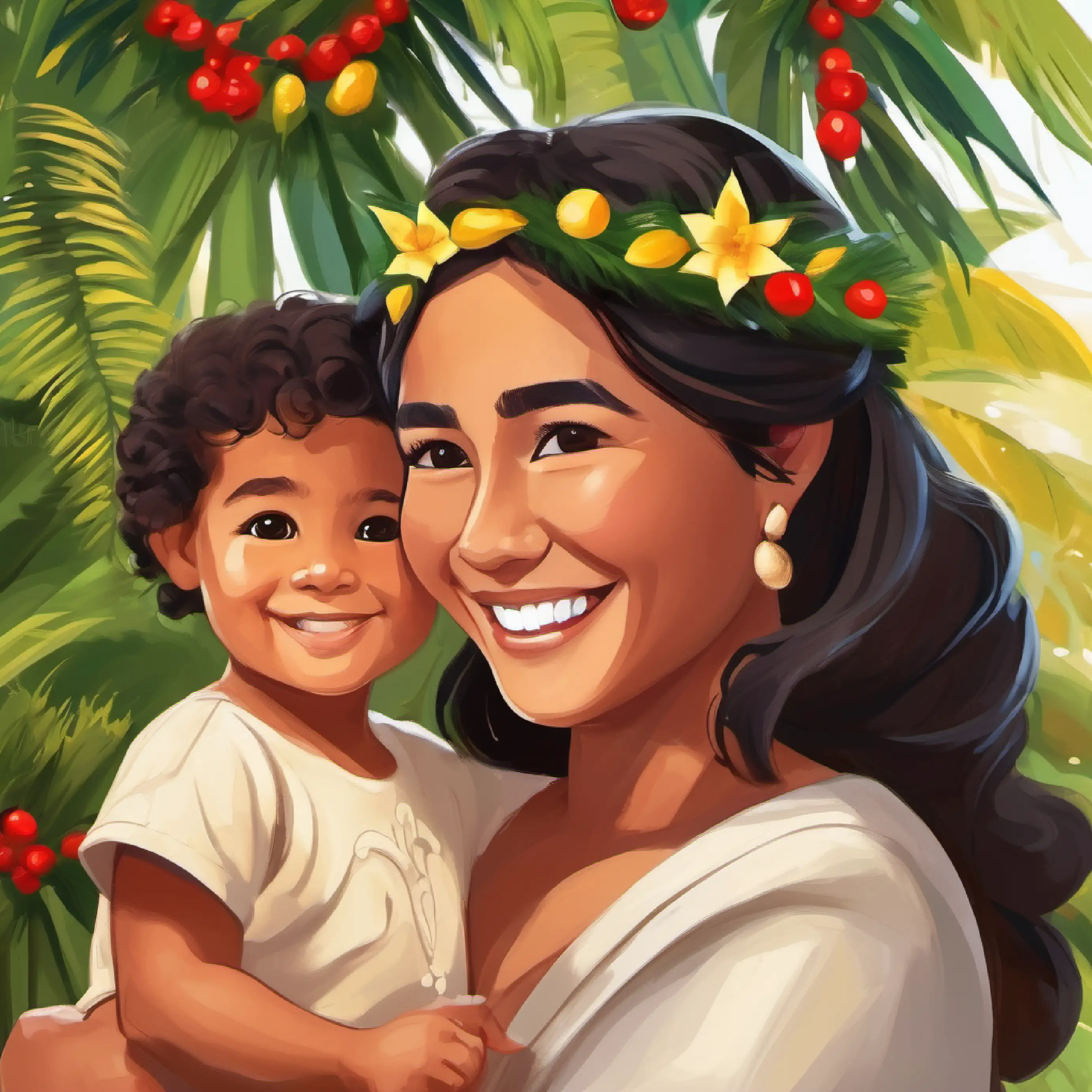 Young Samoan child, tan skin, dark brown eyes, smiling face's mother showing pride in Young Samoan child, tan skin, dark brown eyes, smiling face for being helpful.
