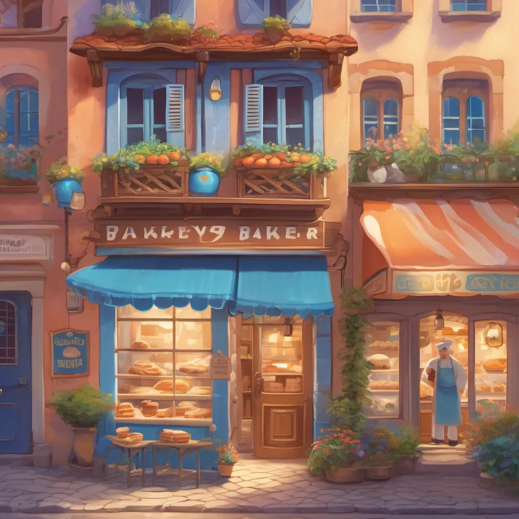 A whimsical, bright blue bakery in a lively town with whimsical houses. Inside, a friendly baker named A friendly baker with white flour on his cheeks, always cheerful and wears a big chef's hat with flour on his cheeks.