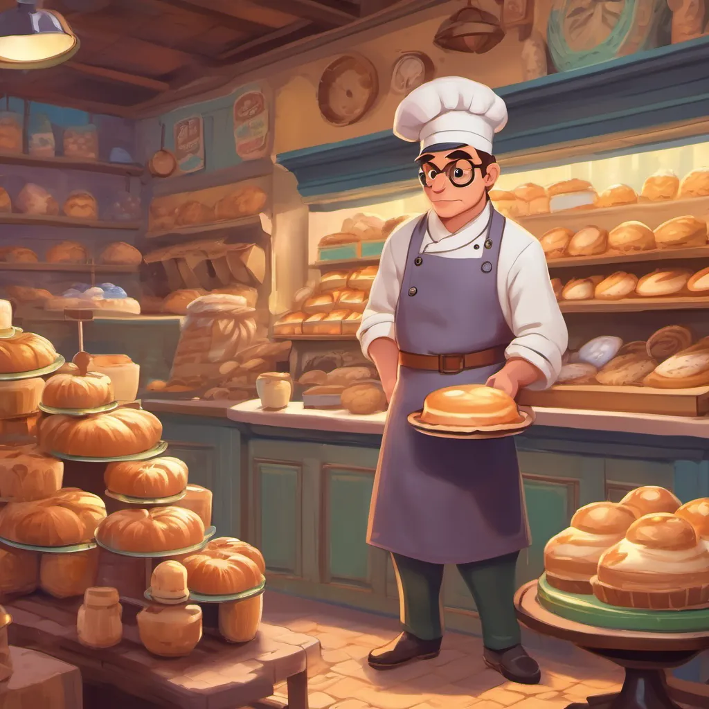 A puzzled baker with furrowed brows stands in a bakery. A clever weasel detective wearing a tiny hat and magnifying glasses enters the scene.