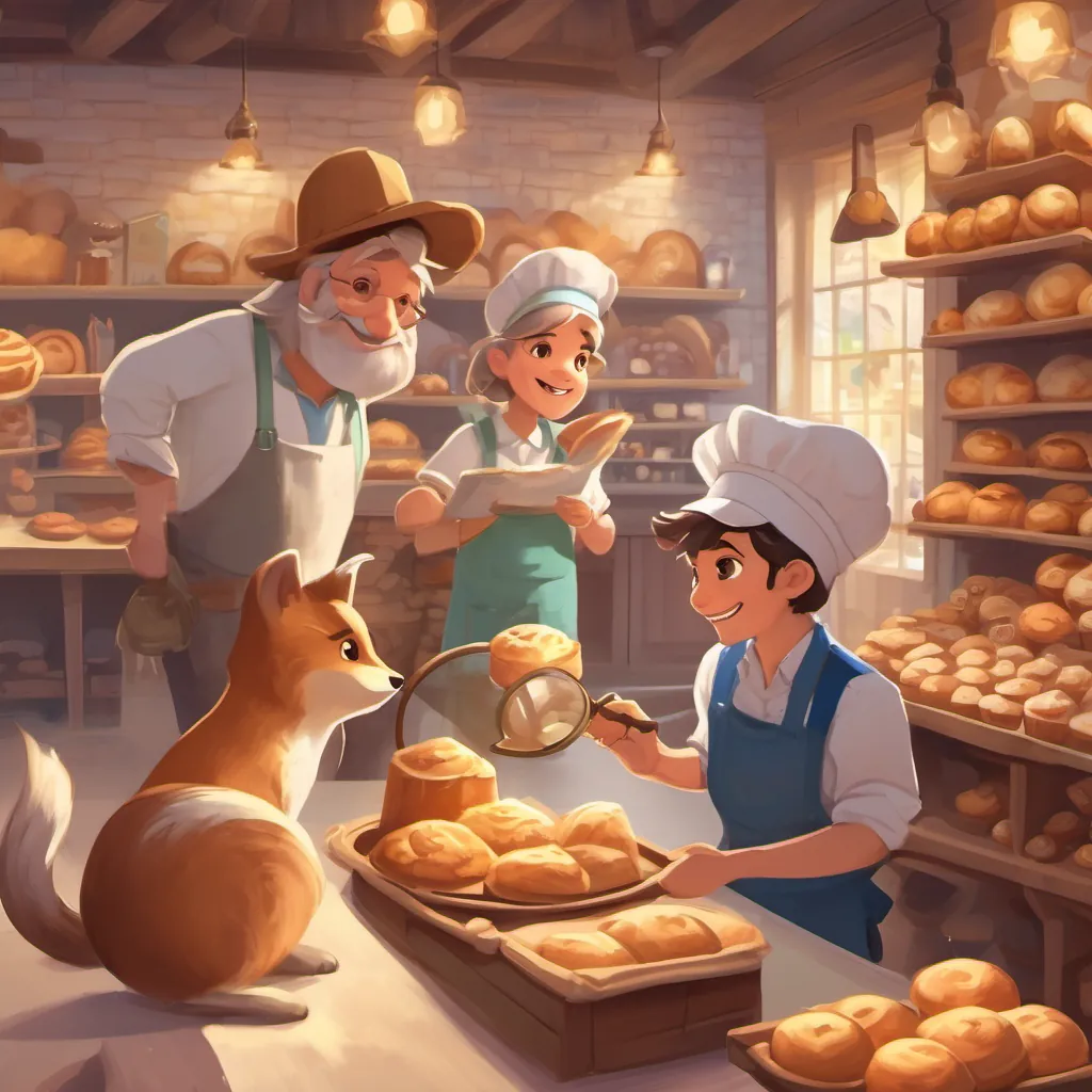 A joyful scene at the bakery with townsfolk enjoying fresh muffins, along with the baker and A clever, tiny weasel detective with a small hat and a magnifying glass, known for his curious and investigative nature smiling.