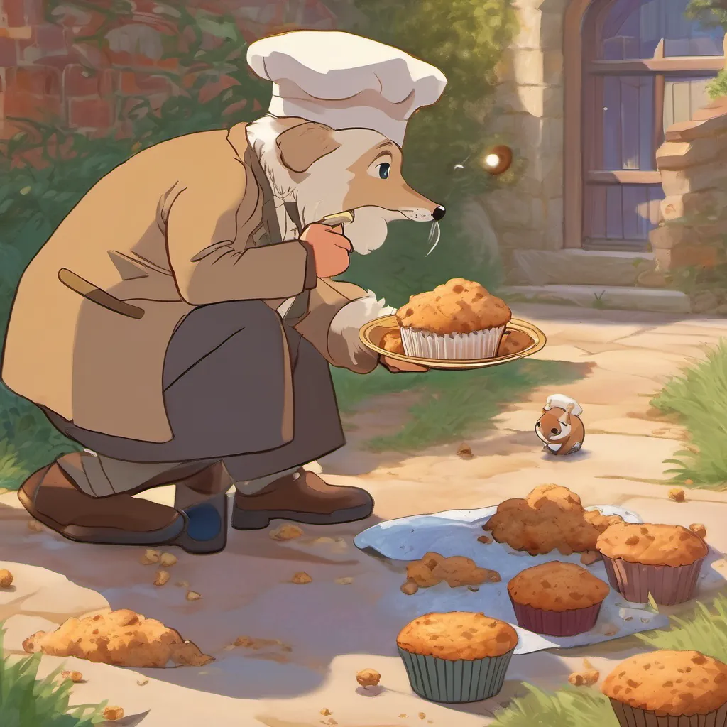 The weasel detective examines muffin crumbs on the ground with a magnifying glass while the baker watches anxiously.