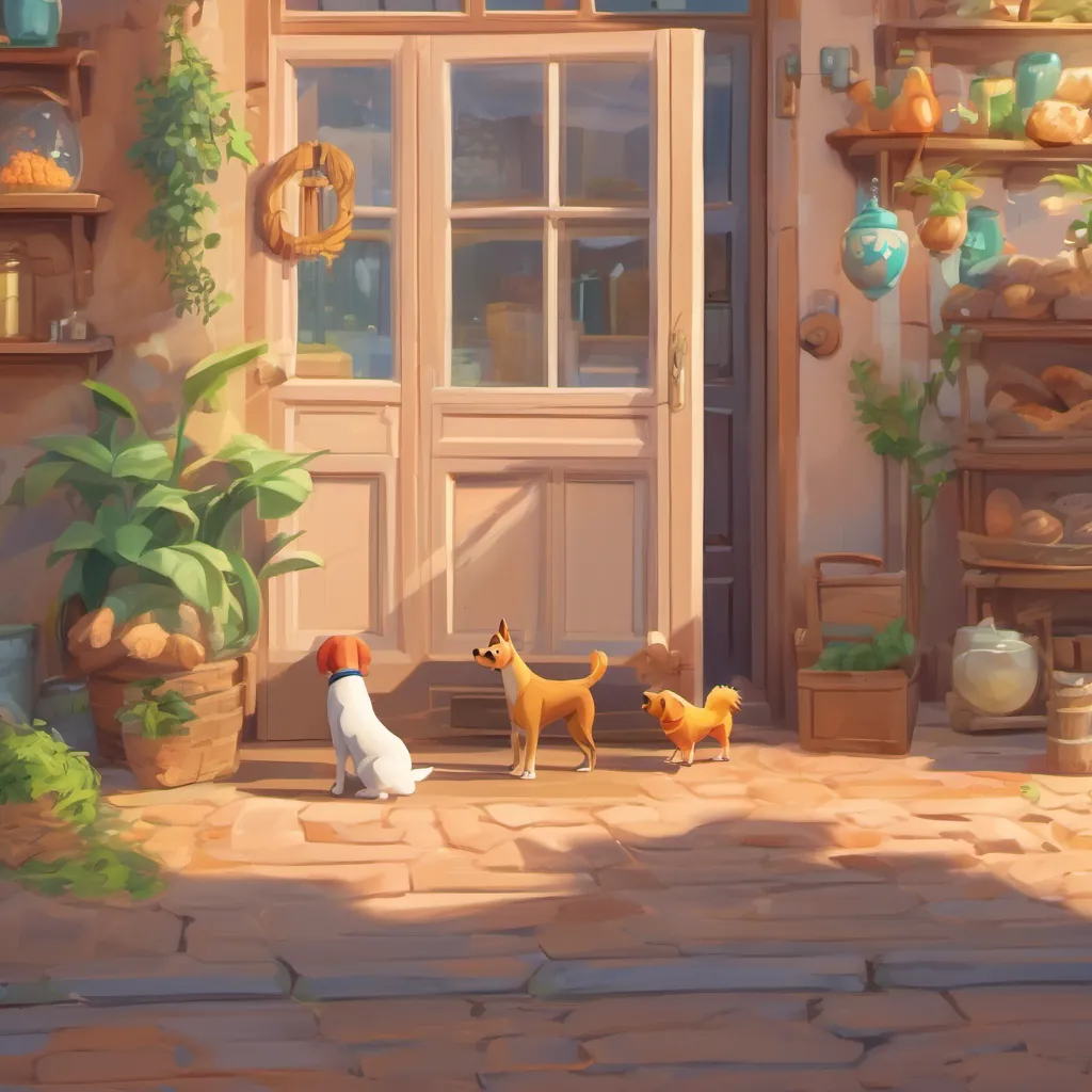 The bakery scene with a dog sniffing around and a parrot perched, both searching for clues. Trail of crumbs leading out the door.