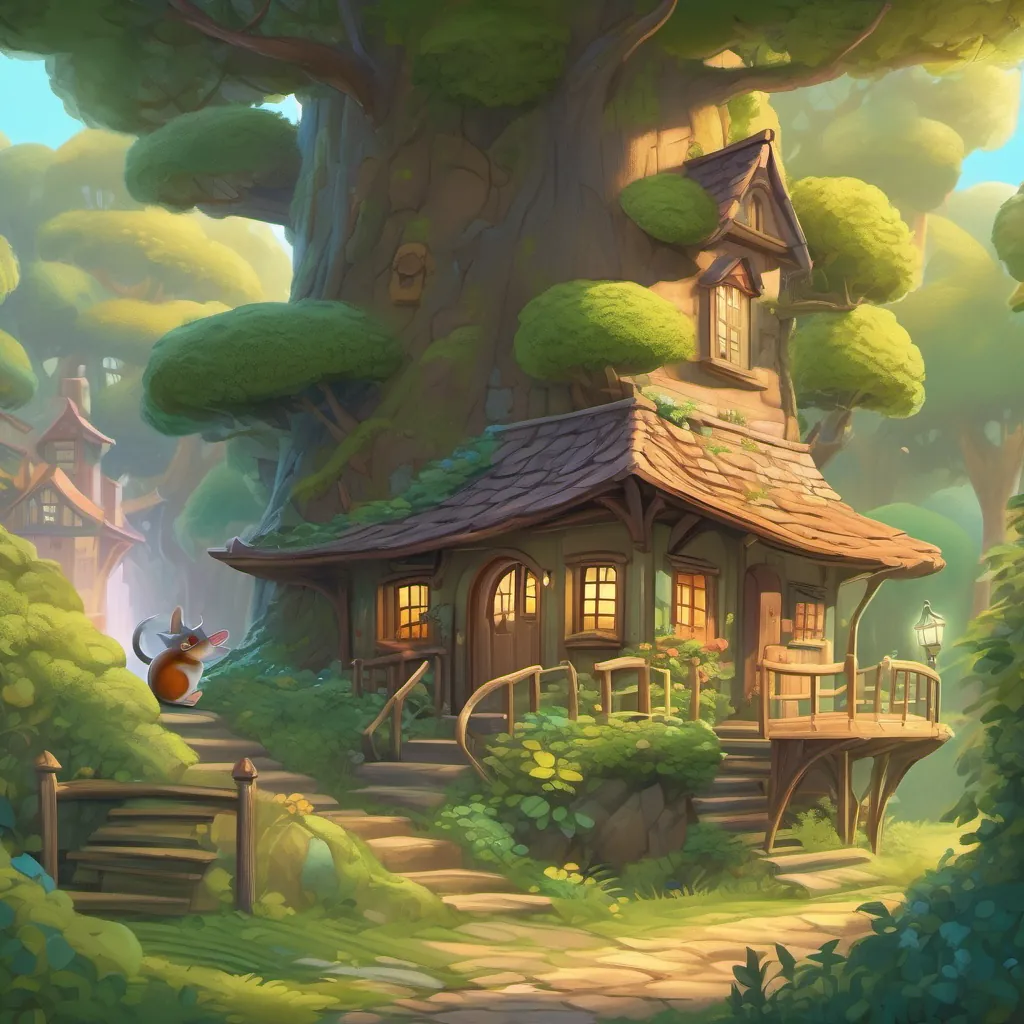 Dense, magical woods with whimsical bridges and tall trees. A tiny, charming house with a mouse peeking out the door at the detective.