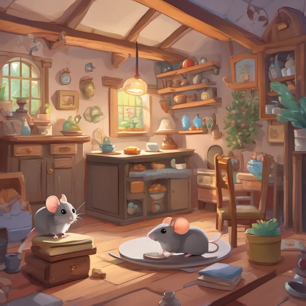 A cozy interior of a mouse's house with A tiny mouse with a soft, gray fur, always nibbling on something small and inhabits a cozy little home nibbling on a muffin crumb as the weasel detective questions her.