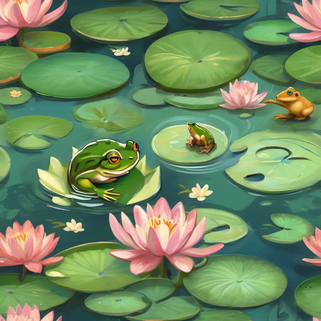 A pond with lily pads and a content-looking frog on a lily pad, with a weasel asking questions by the water.