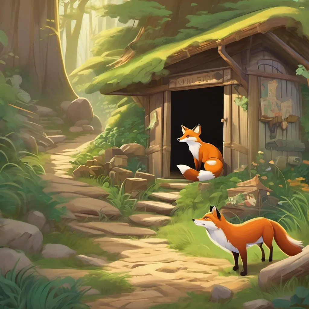 A fox den entrance in the woods with no fox in sight; the weasel detective and other animals there, looking around in confusion.