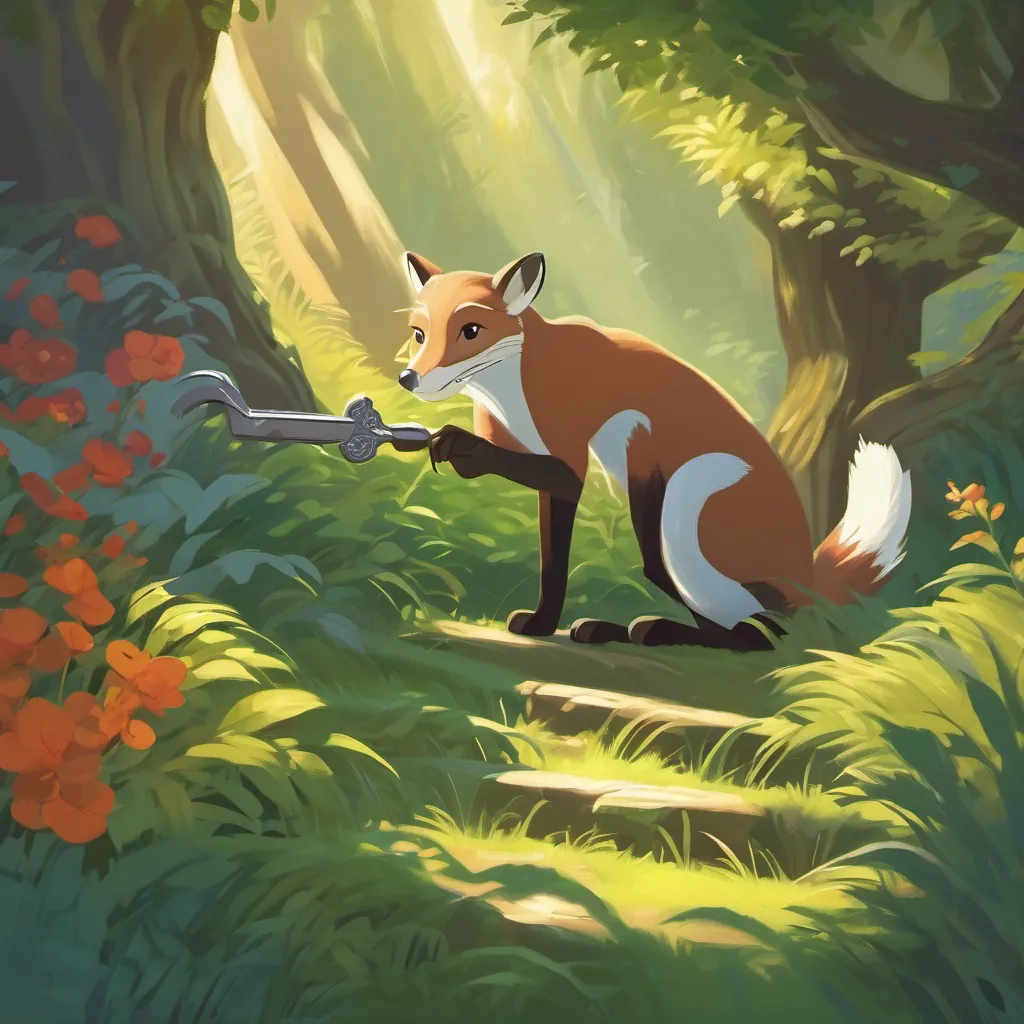 Weasel detective finding a shiny silver lockpick in the bushes, with a shadow of a fox lurking in the background.