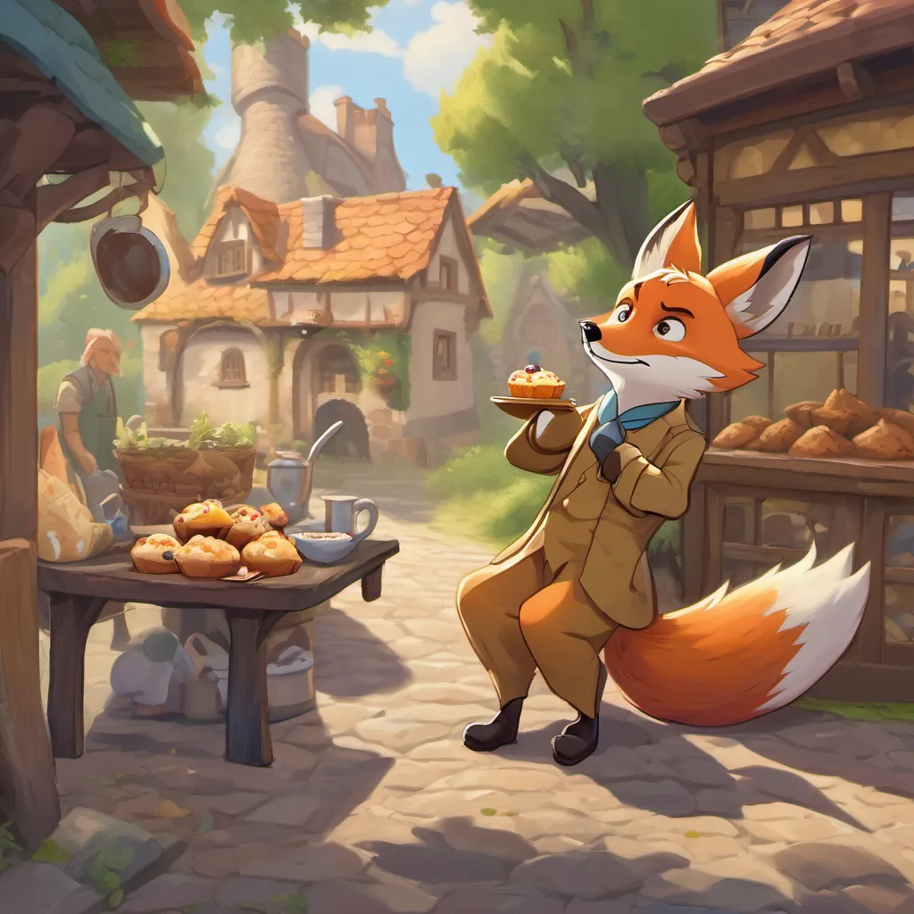 A remorseful fox returning a muffin to the baker amidst the forgiving townsfolk and friendly detective.