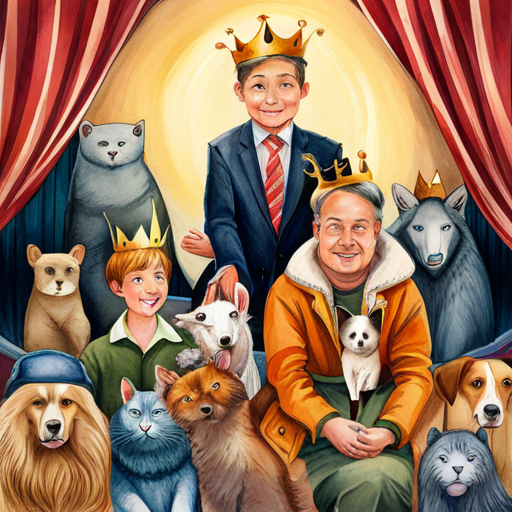 Charlie and Leo wearing crowns, surrounded by happy animals
