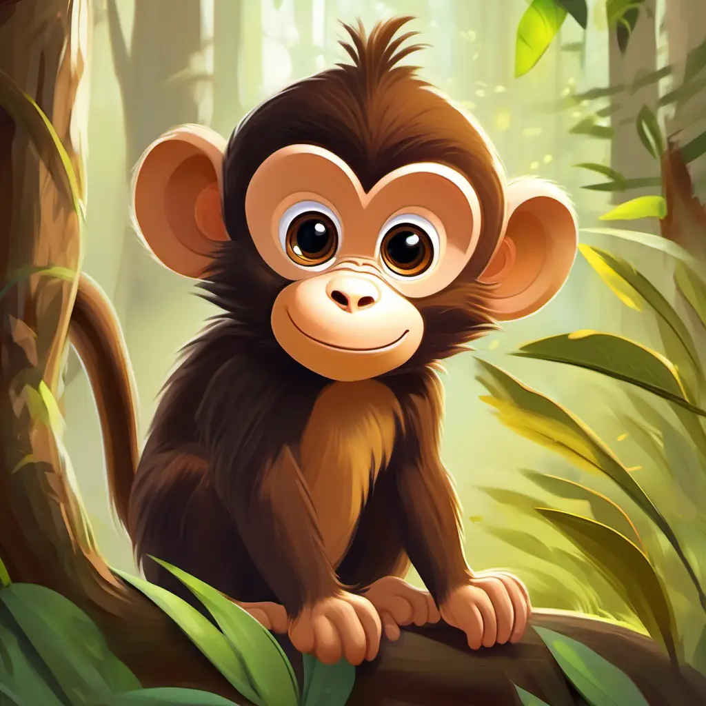 Introduction to Young monkey with brown fur, playful, bright eyes and his home in the forest.