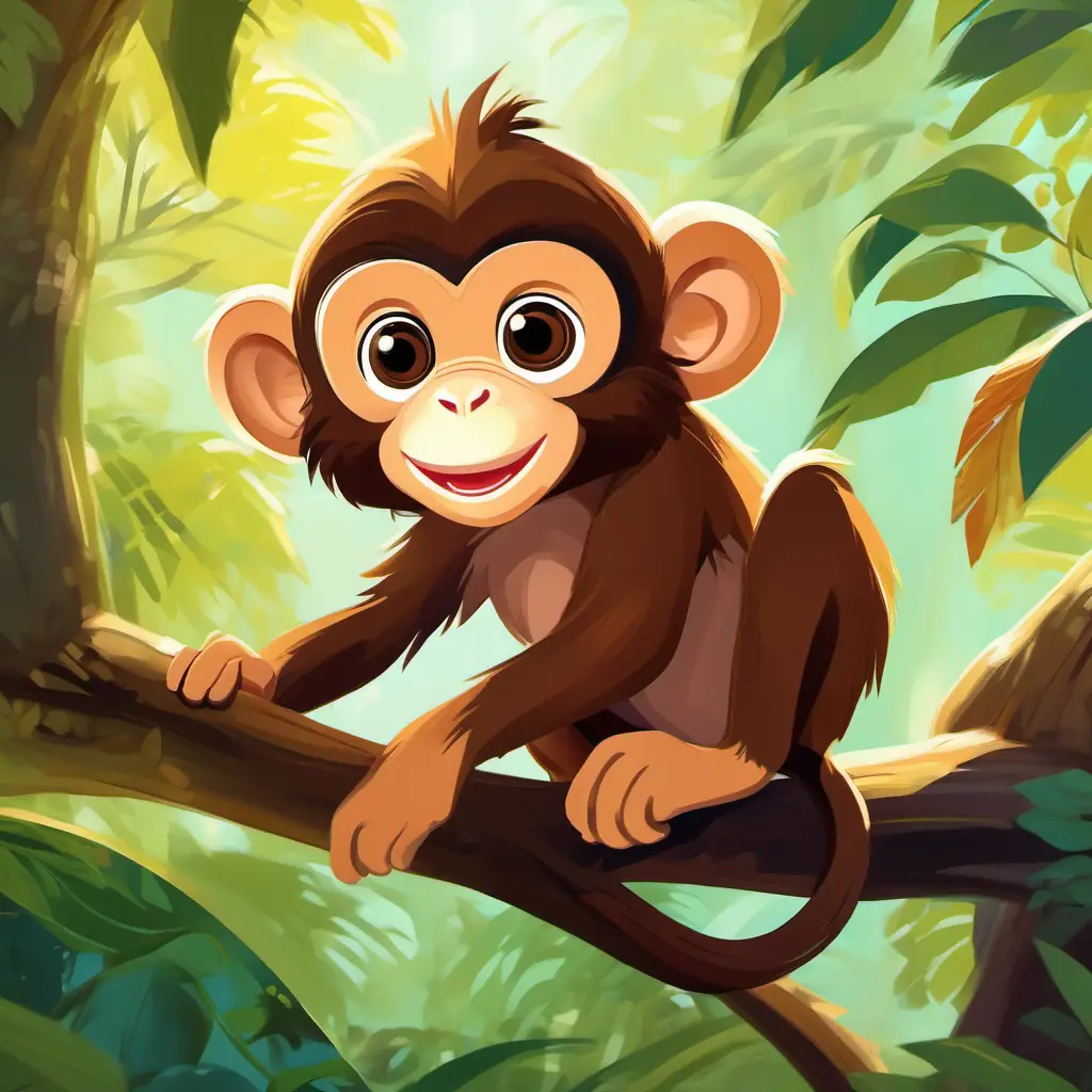 Young monkey with brown fur, playful, bright eyes having fun with friends in the sunny forest.