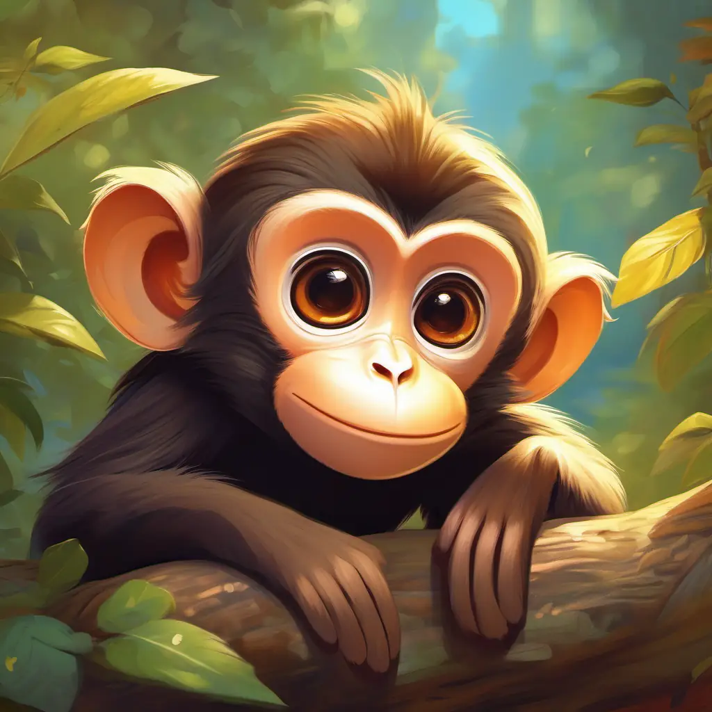Young monkey with brown fur, playful, bright eyes returns to his anxious friends and family.