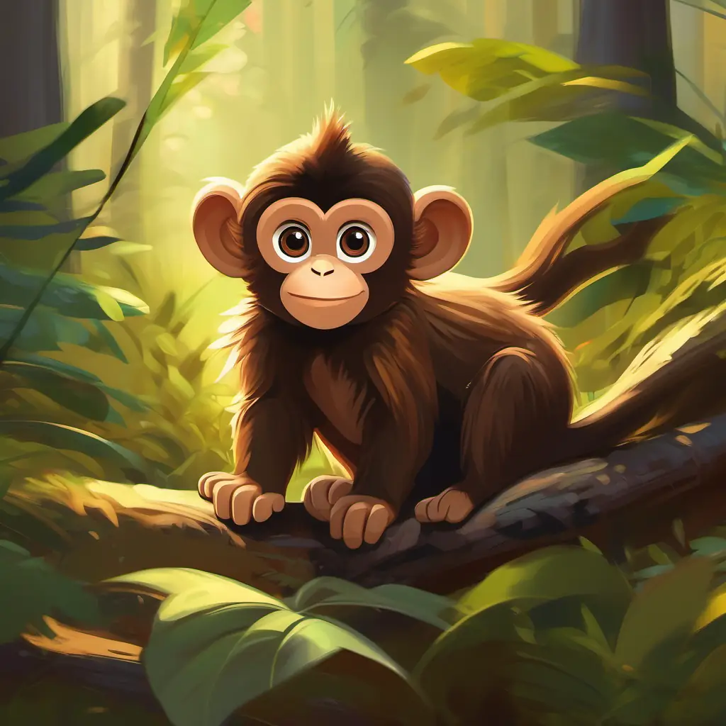 Young monkey with brown fur, playful, bright eyes gets distracted and ends up alone, deep in the forest.