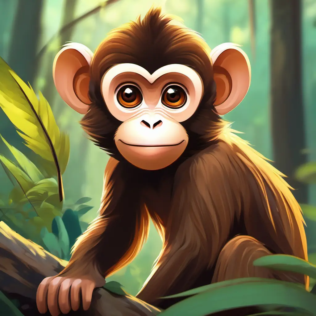 Young monkey with brown fur, playful, bright eyes notices he's in an unfamiliar part of the forest.