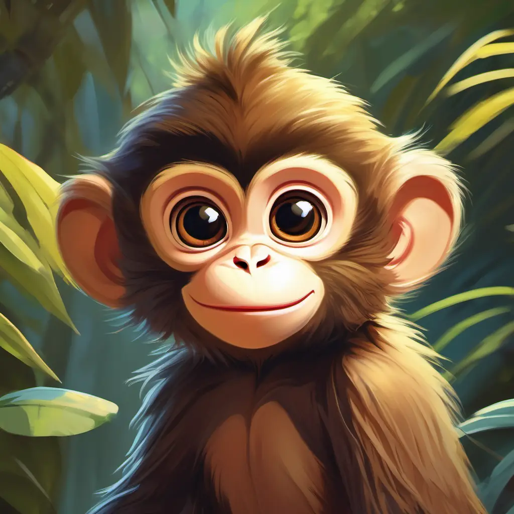 Young monkey with brown fur, playful, bright eyes resolves to return home.