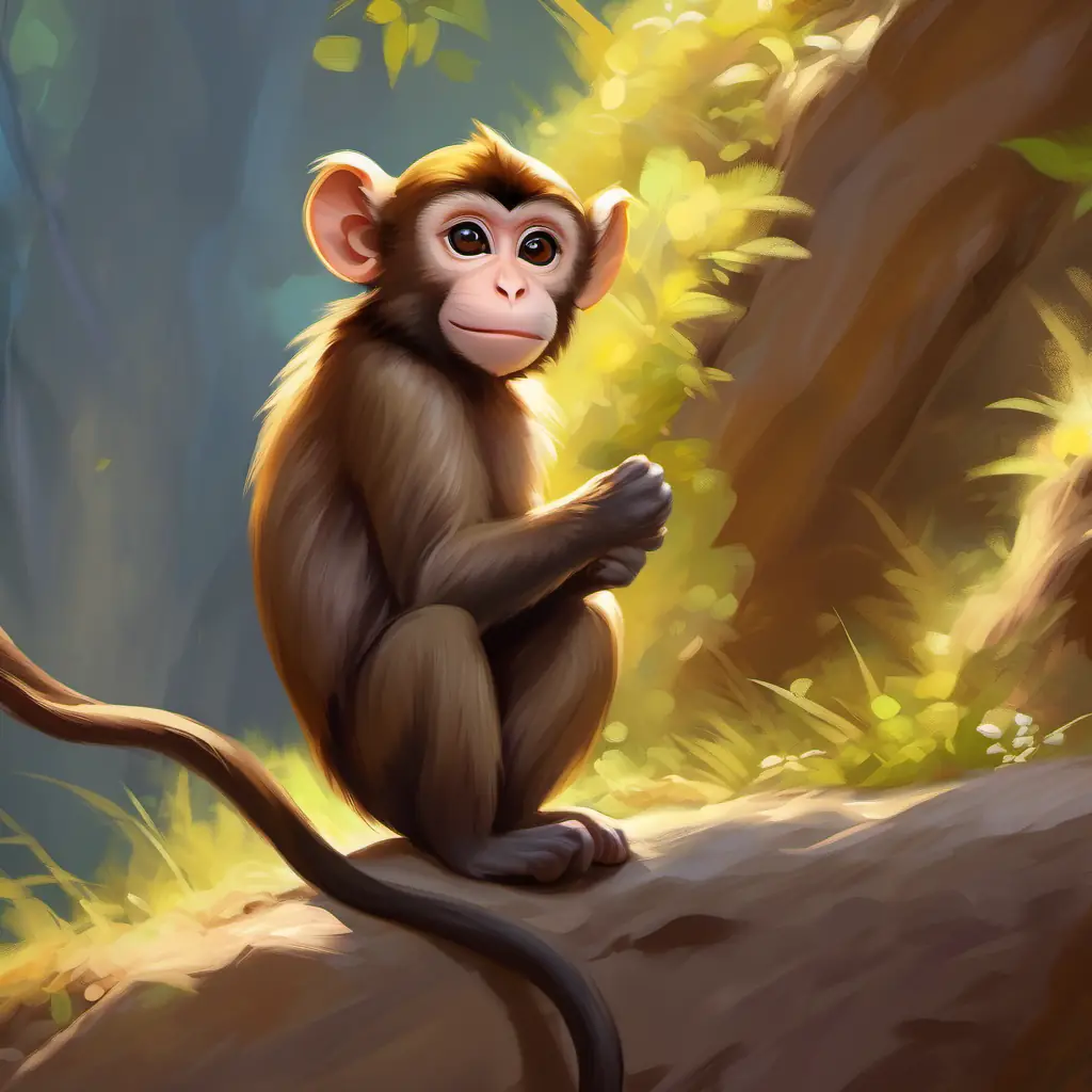 Young monkey with brown fur, playful, bright eyes climbs high to search for home.