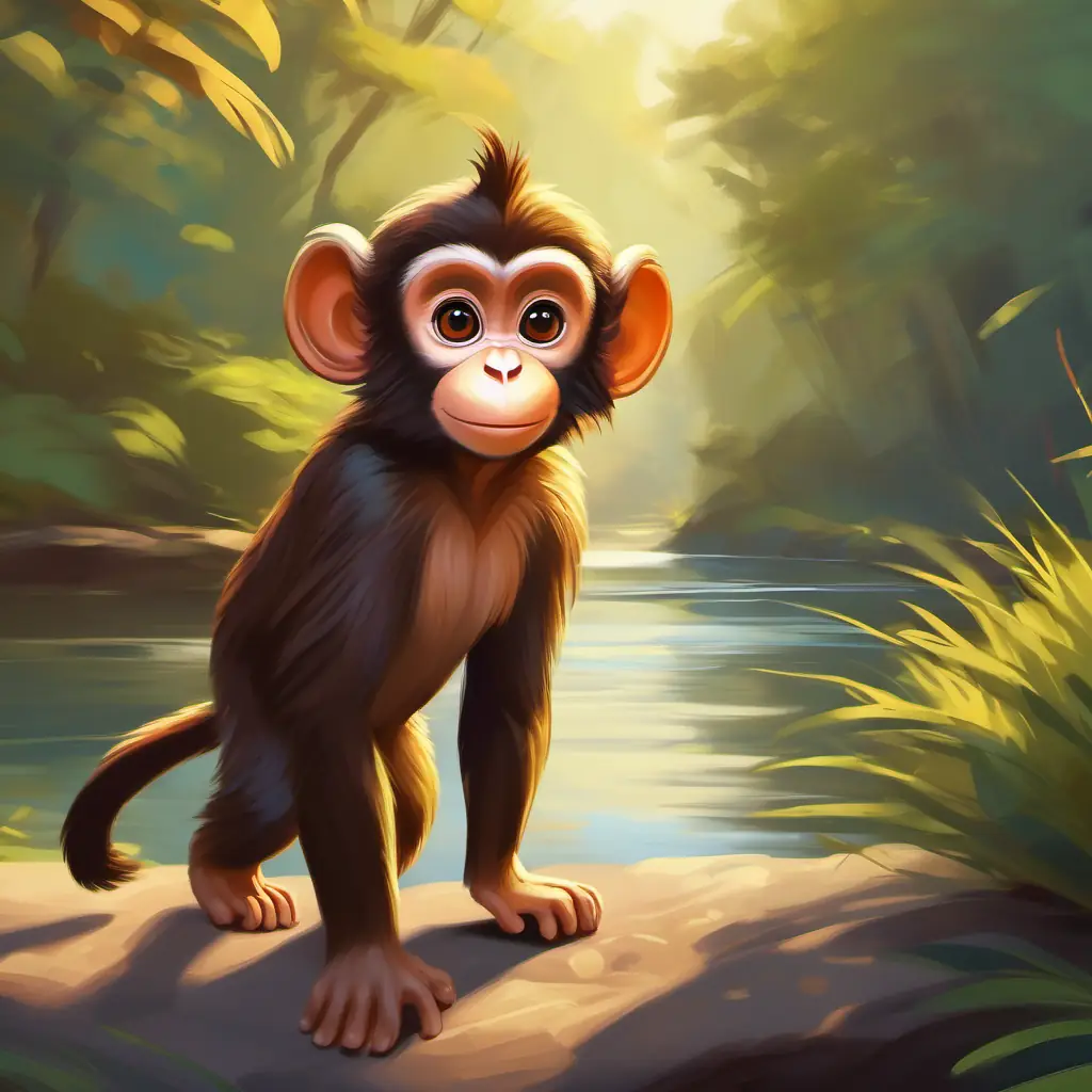 Young monkey with brown fur, playful, bright eyes courageously heads to the river.
