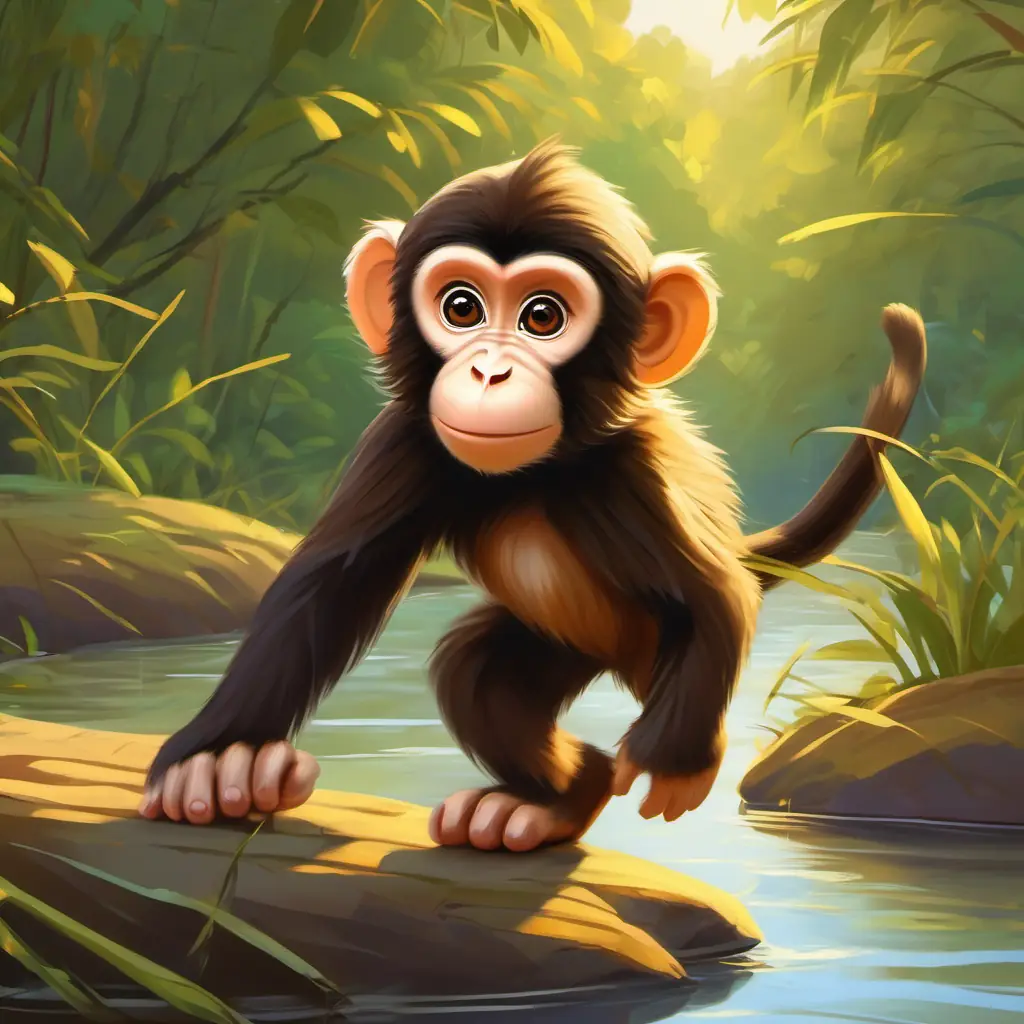 Young monkey with brown fur, playful, bright eyes finds his own footprints by the river.