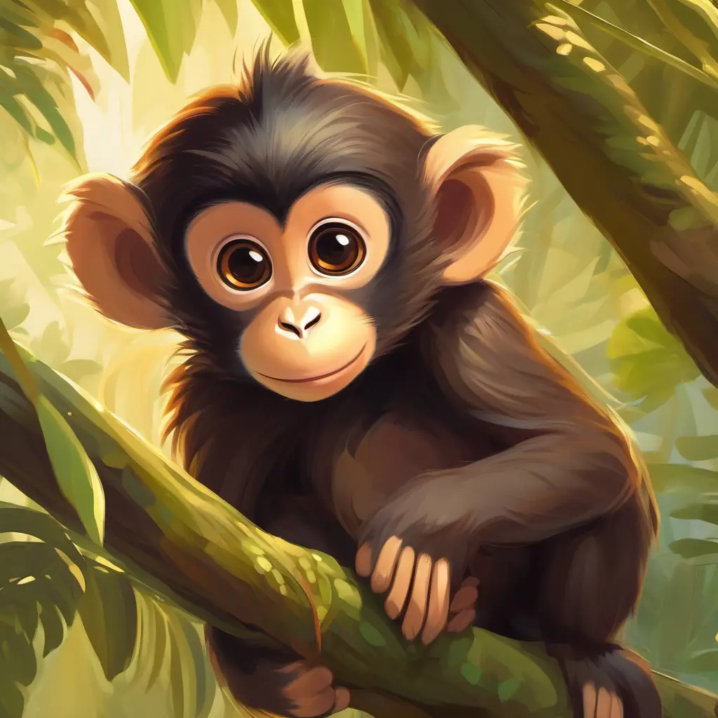 Young monkey with brown fur, playful, bright eyes's home becomes visible, filling him with joy.
