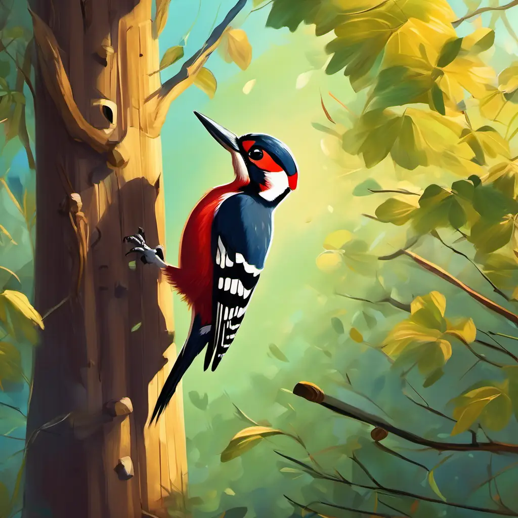 Woodpecker tells Whiskers about different trees.