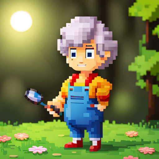 Pihu standing in a beautiful meadow, holding a magnifying glass