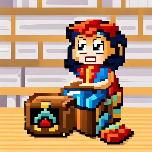 Pihu kneeling next to an open treasure chest full of shiny jewels
