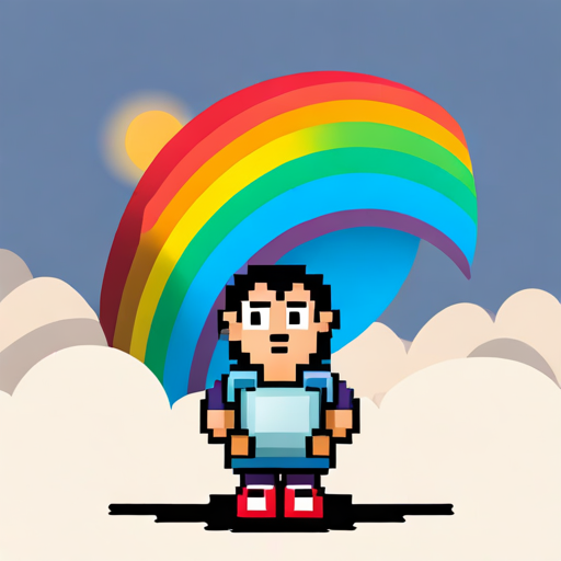 Pihu surrounded by a rainbow and holding a sign that says 'Problem Solver'
