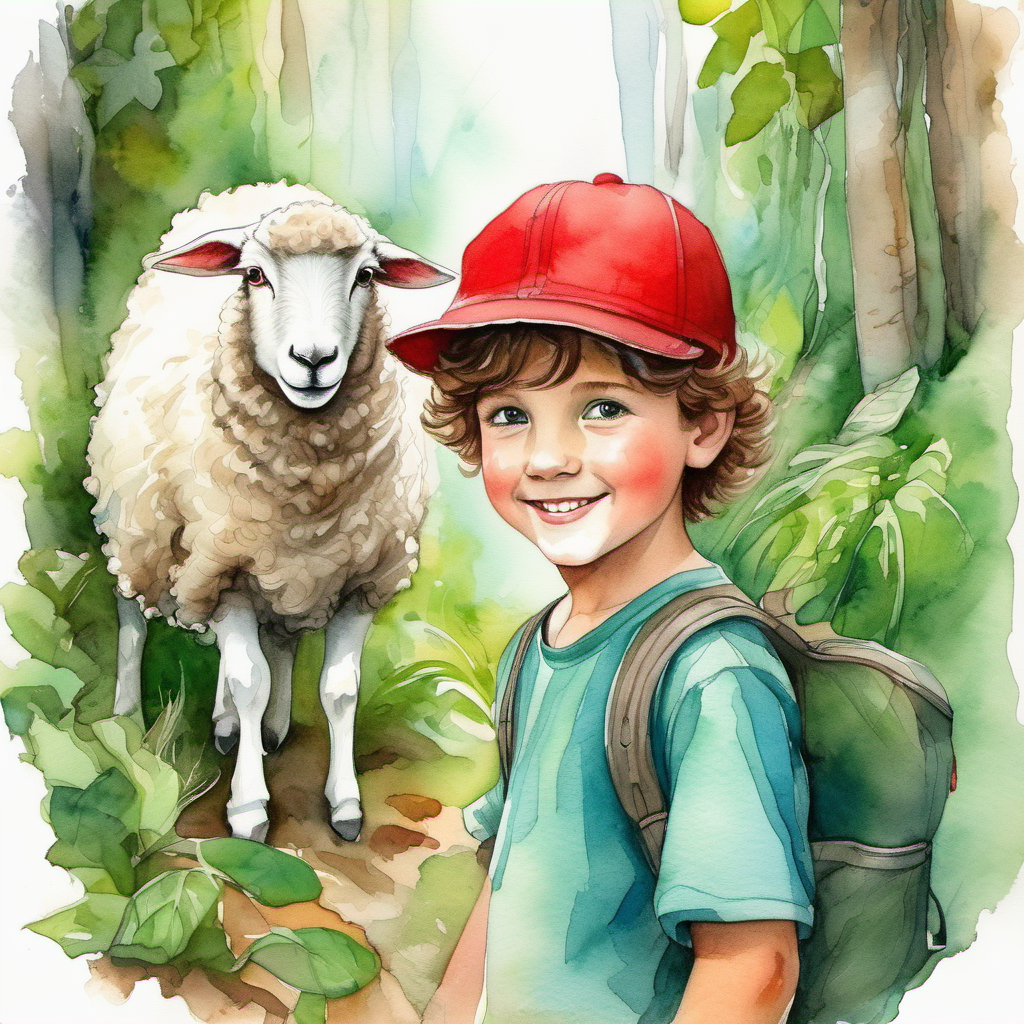 Curious boy with brown hair and a red hat and Adorable white sheep with a friendly smile in the lush green jungle