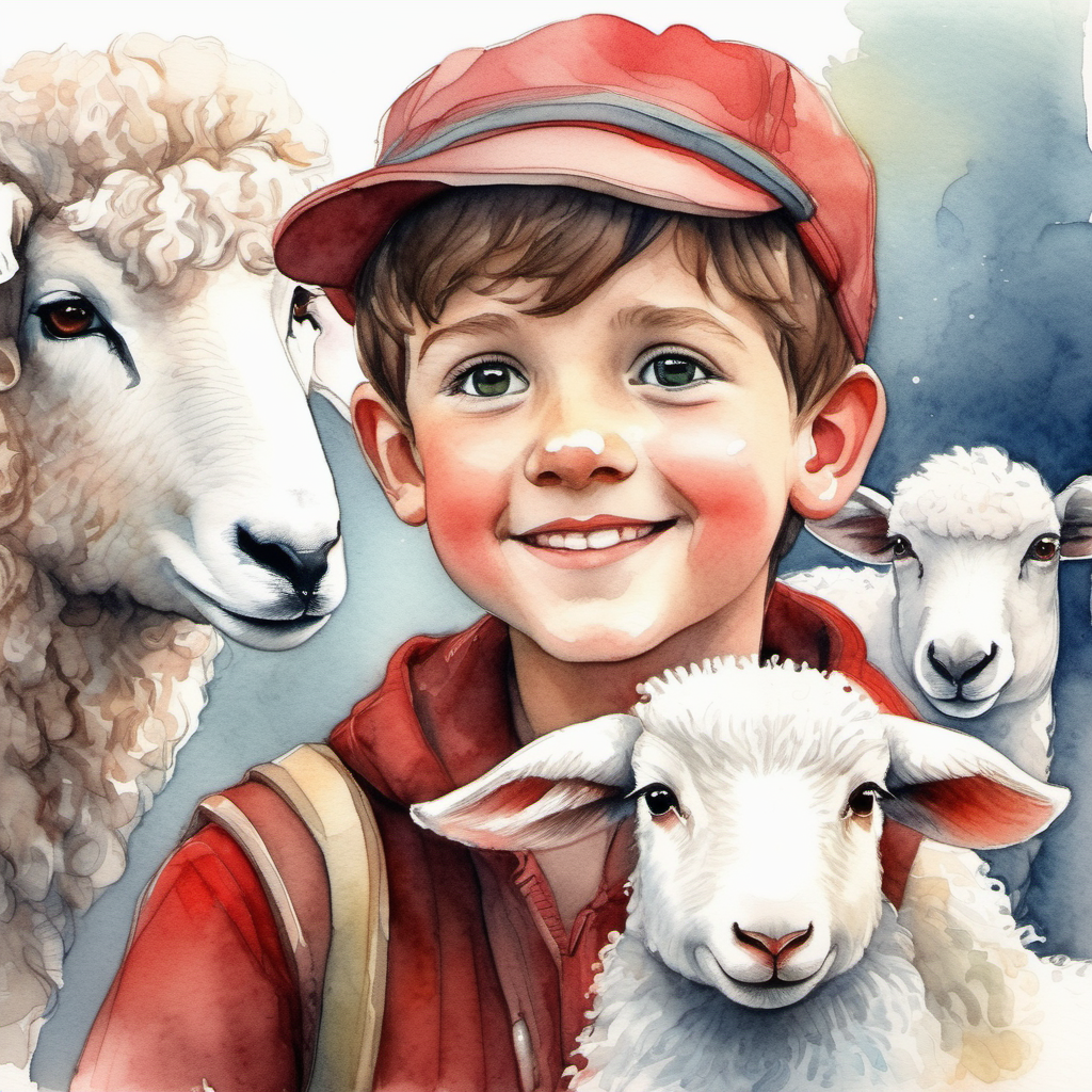 Curious boy with brown hair and a red hat, Adorable white sheep with a friendly smile, and the friendly stranger