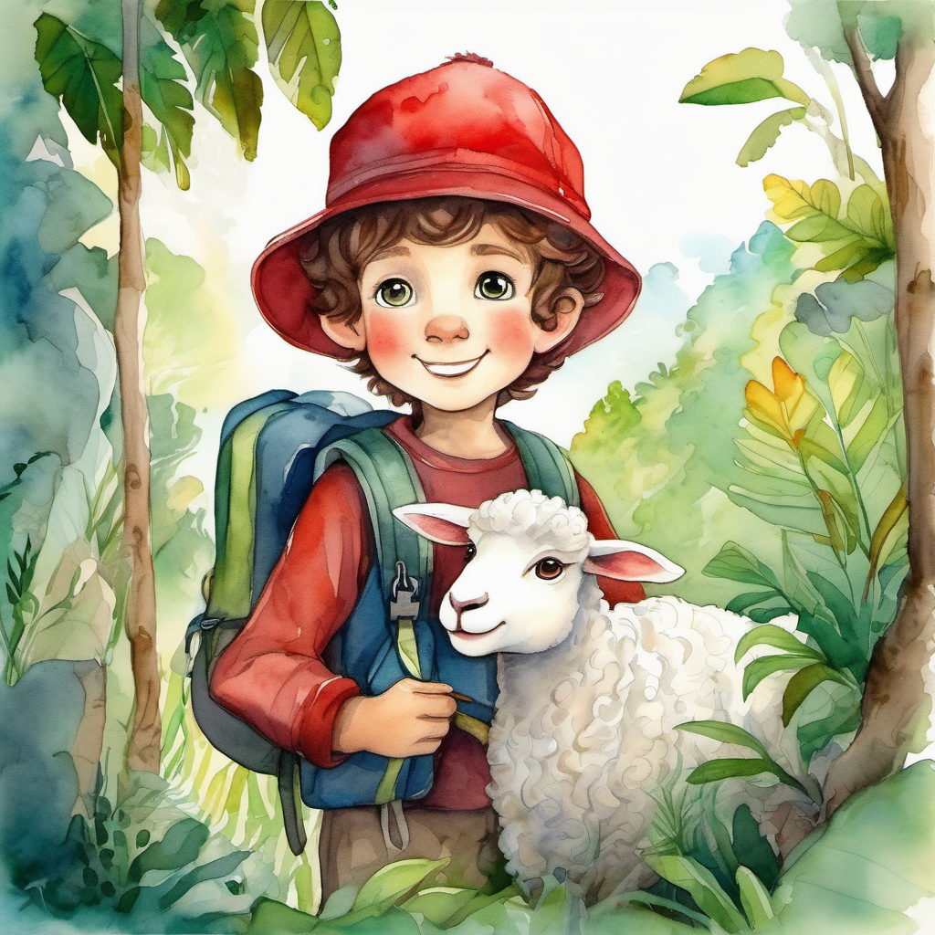 Curious boy with brown hair and a red hat, Adorable white sheep with a friendly smile, and Kind stranger with a backpack and a map talking in the jungle