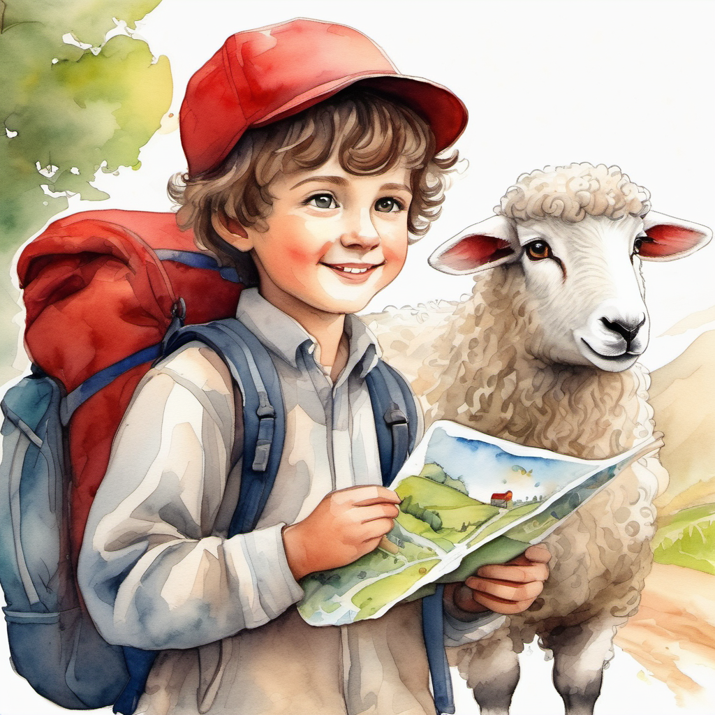 Curious boy with brown hair and a red hat, Adorable white sheep with a friendly smile, and Kind stranger with a backpack and a map celebrating reaching home