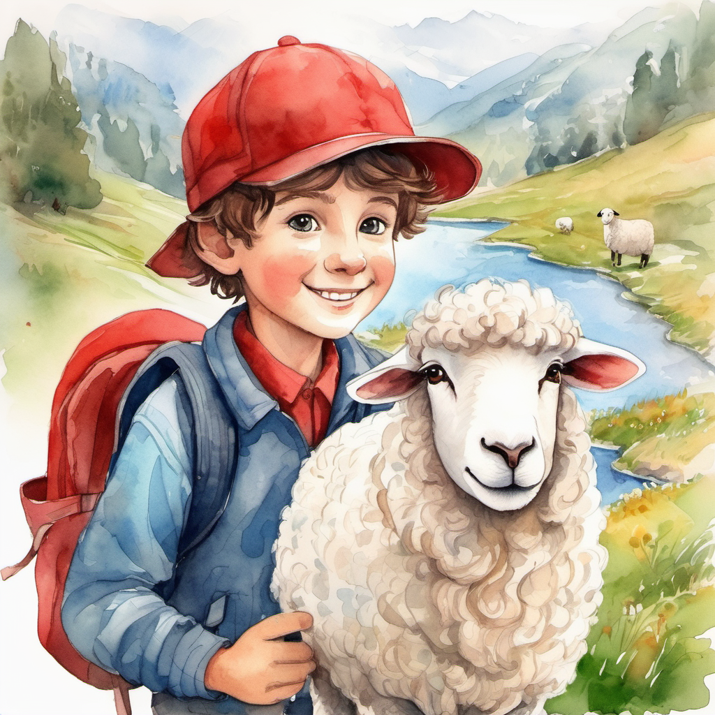 Curious boy with brown hair and a red hat, Adorable white sheep with a friendly smile, and Kind stranger with a backpack and a map saying goodbye with smiles