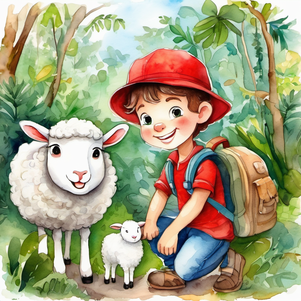 Curious boy with brown hair and a red hat, Adorable white sheep with a friendly smile, and Kind stranger with a backpack and a map happily exploring the jungle